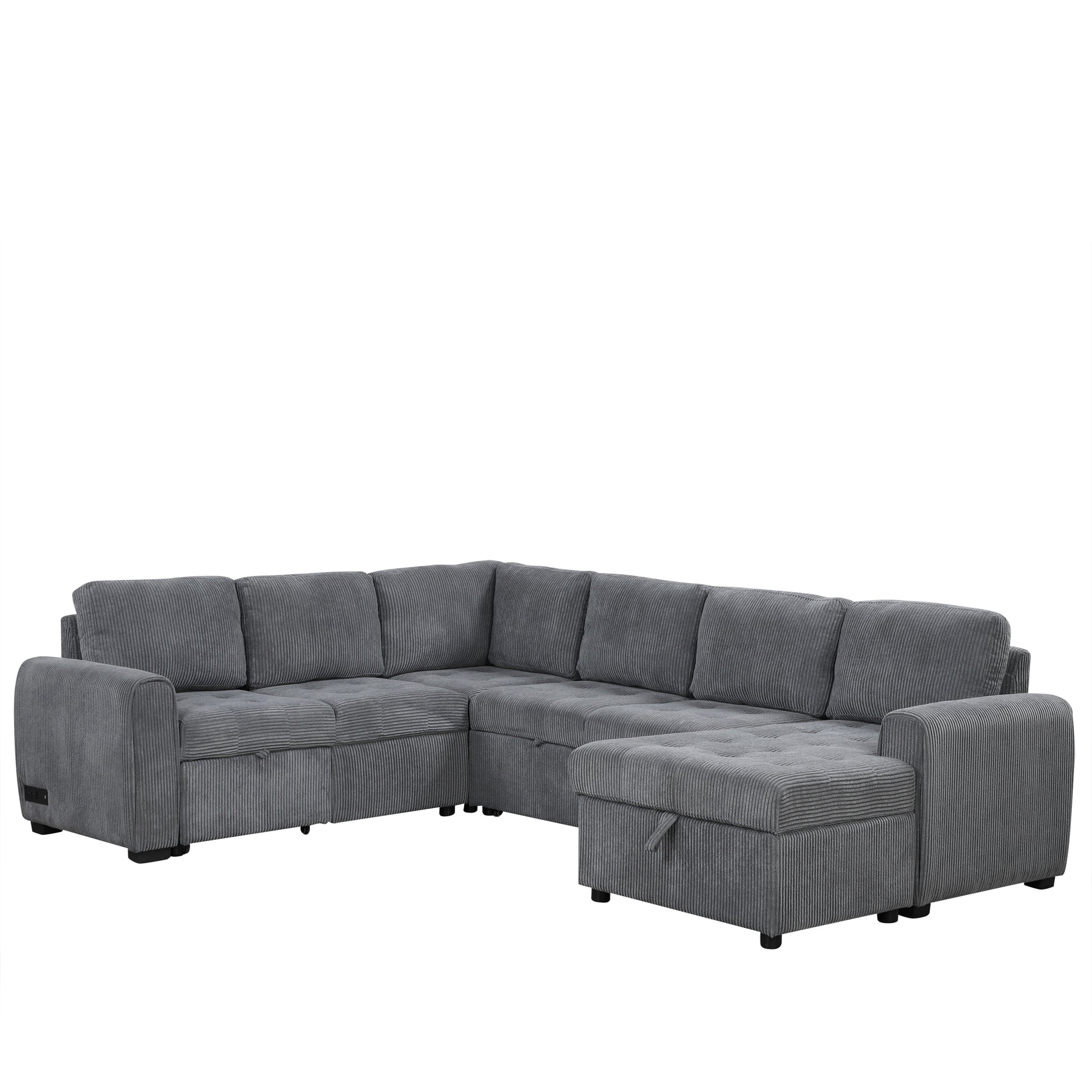 107.5" U Shaped Sofa Sectional Sofa Pull Out Sofa Bed With A Storage Chaise Lounge, Charging Devices For Living Room, Gray Gray Foam Corduroy 5 Seat