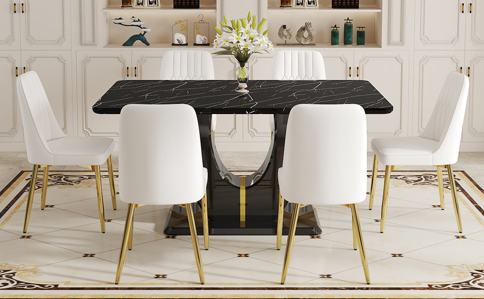 Table And Chair Set.63"W X 37"D X 30"H Black Marble Mdf Diningtable Set With 6 White Pu Chairs With Gold Metal Legs.Bring A Comfortable Home Experience To The Kitchen, Bedroom, And Office. White