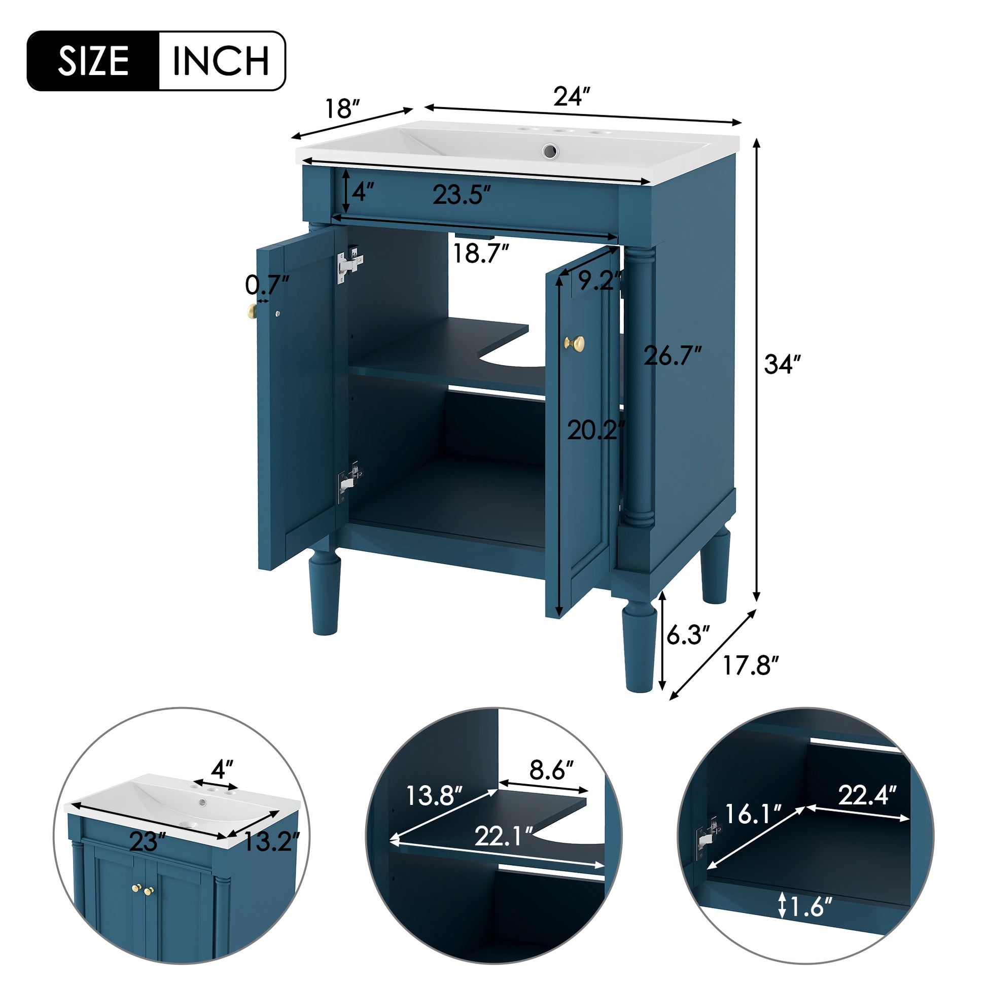 24'' Bathroom Vanity With Top Sink, 2 Tier Modern Bathroom Storage Cabinet, Single Sink Bathroom Vanity, Large Storage Shelves Blue 2 1 Adjustable Hinges Freestanding Modern Solid Wood Mdf Resin Painted