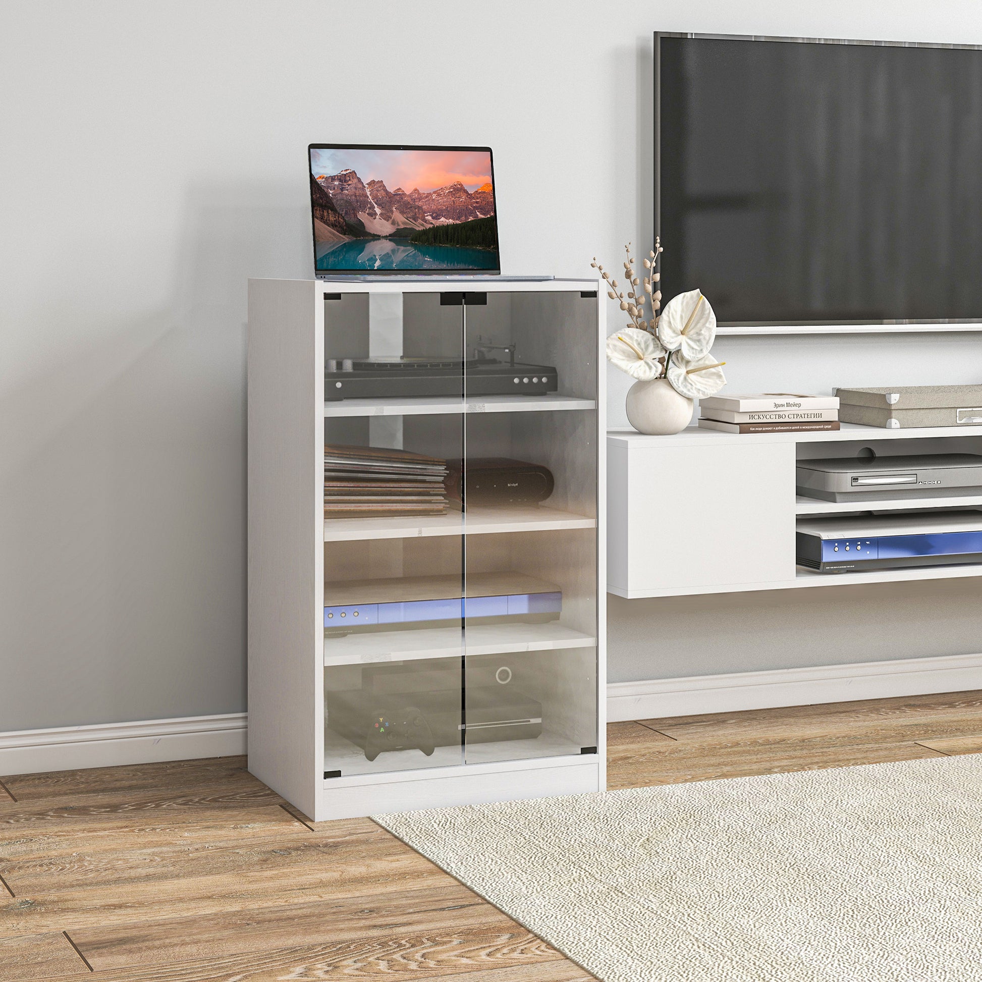 Homcom Media Cabinet, 4 Tier Stereo Cabinet, Modern Audio Video Media Stand With Adjustable Shelves, Tempered Glass Doors, And Cable Management, Distressed White White Mdf