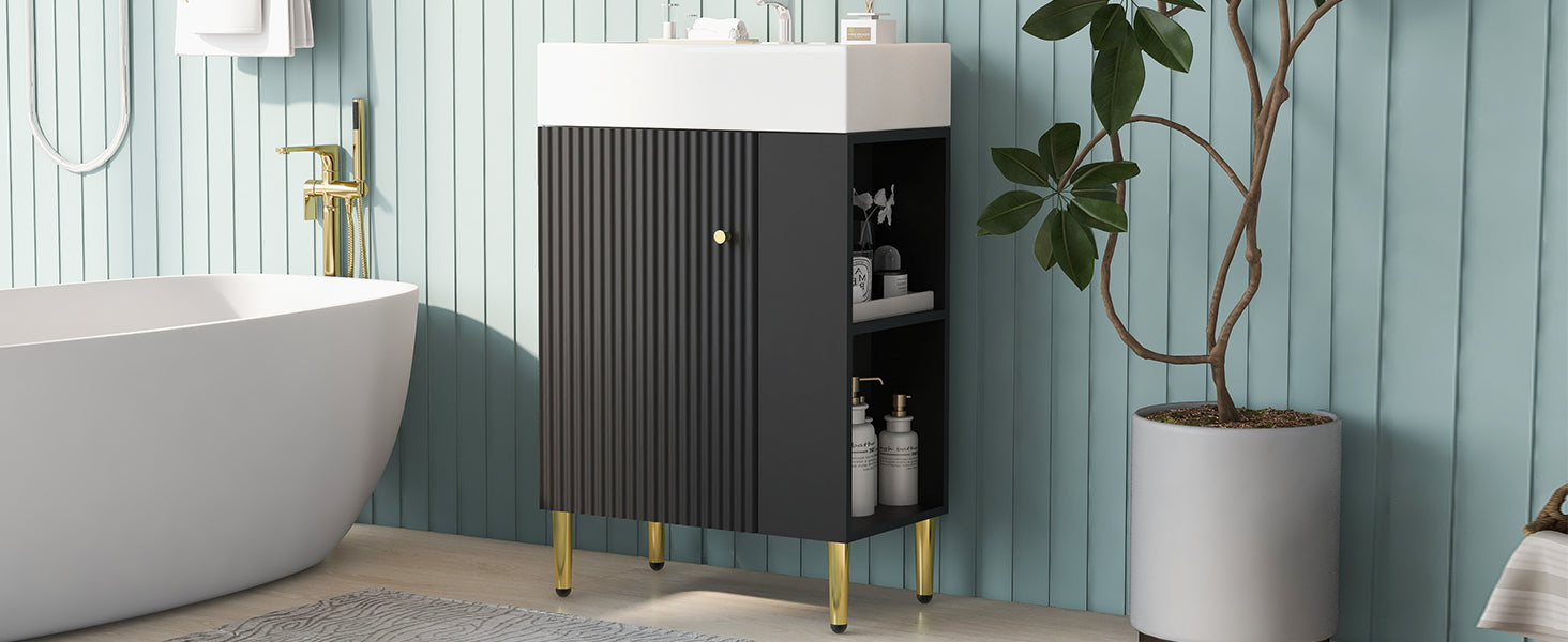 21.6" Black Bathroom Vanity, Combo Cabinet, Bathroom Storage Cabinet, Single Ceramic Sink, Right Side Storage Black Bathroom Ceramic Mdf