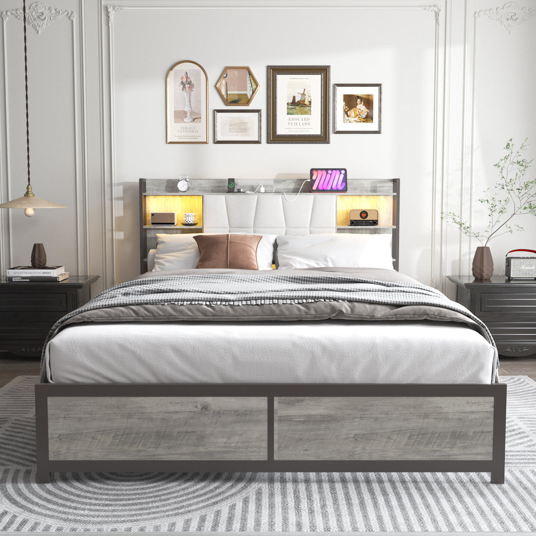Queen Size Bed Frame With Led Light & Power Outlet, Platform Bed With Upholstered Headboard And Storage, Sturdy Metal Slats Support, No Box Spring Needed, Easy Assembly, Noise Free Box Spring Not Required Queen Ancient Oak Metal Bedroom Modern Bed Frame