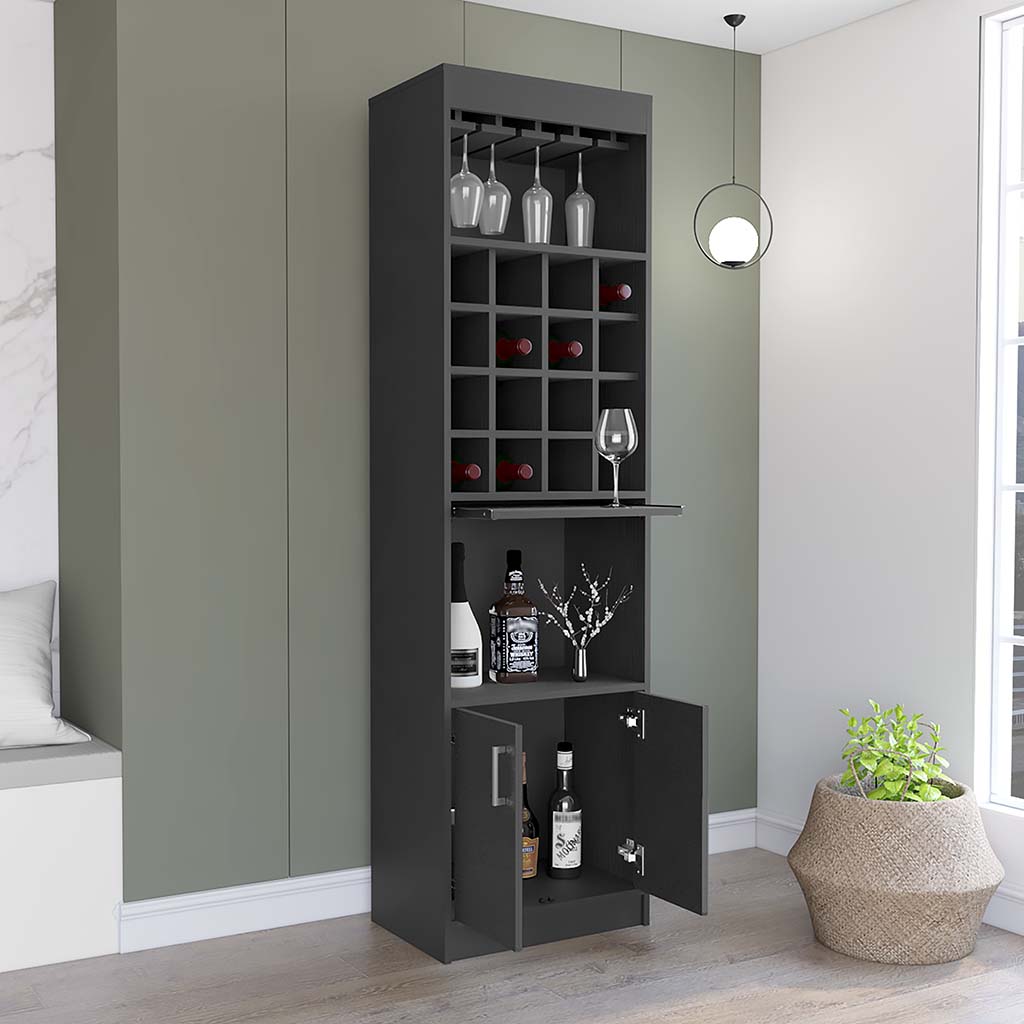 Bar Double Door Cabinet, Sixteen Built In Wine Rack, Concealable Serving Tray, One Shelf, Black Black Solid Wood Mdf Engineered Wood