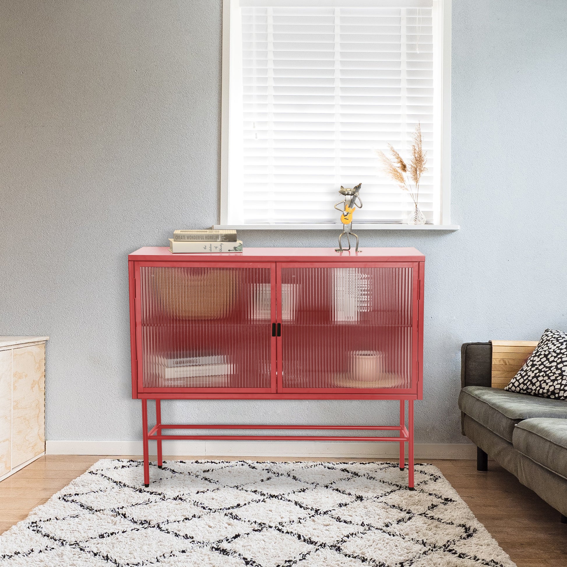 Red Sideboard Storage Cabinet With Two Fluted Glass Doors Detachable Shelves Bottom Space For Living Room, Office, Dinging Room And Entryway Old Sku:W68751711 Red Steel