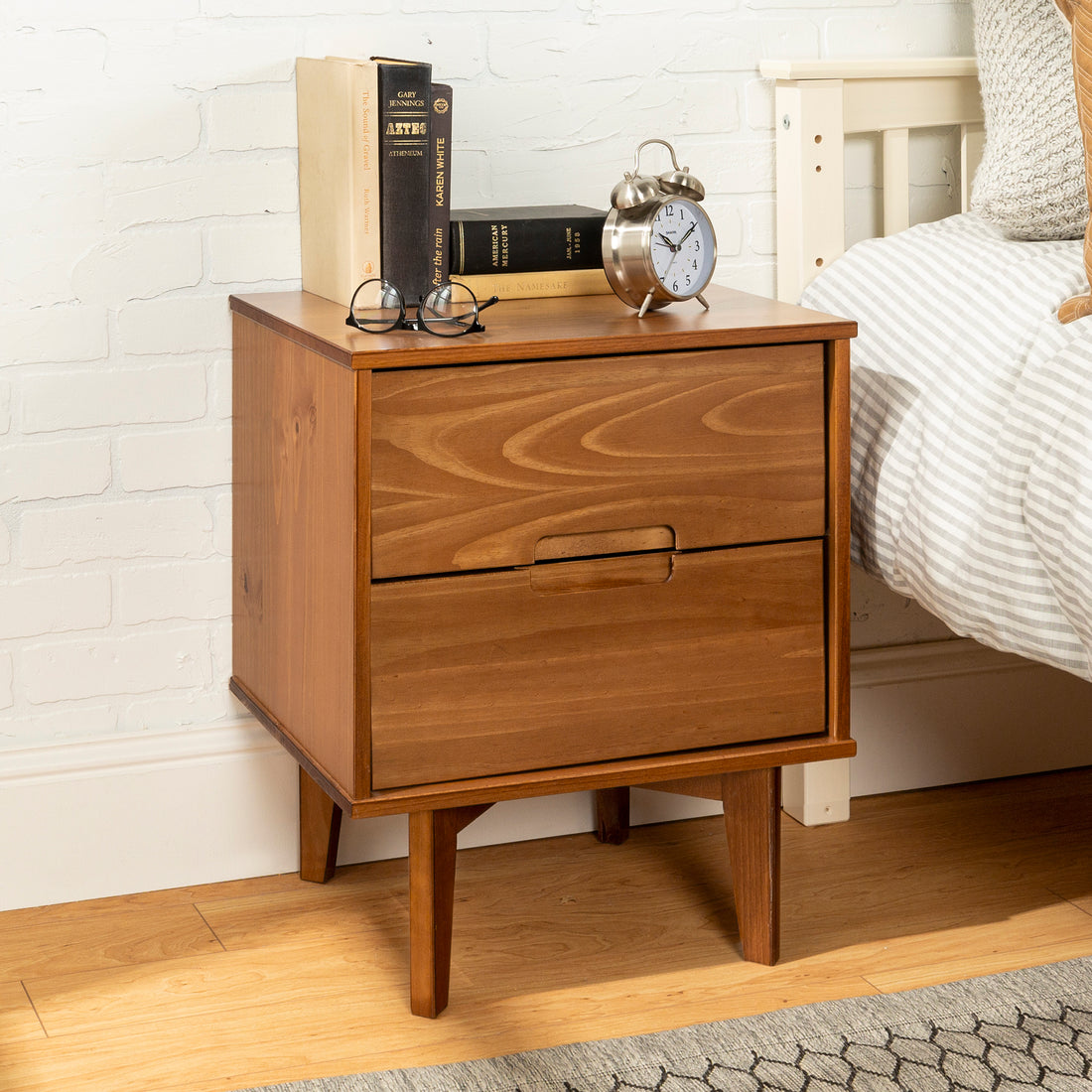 Mid Century Modern 2 Drawer Solid Wood Nighstand With Cutout Handles Caramel Caramel Mdf Pine