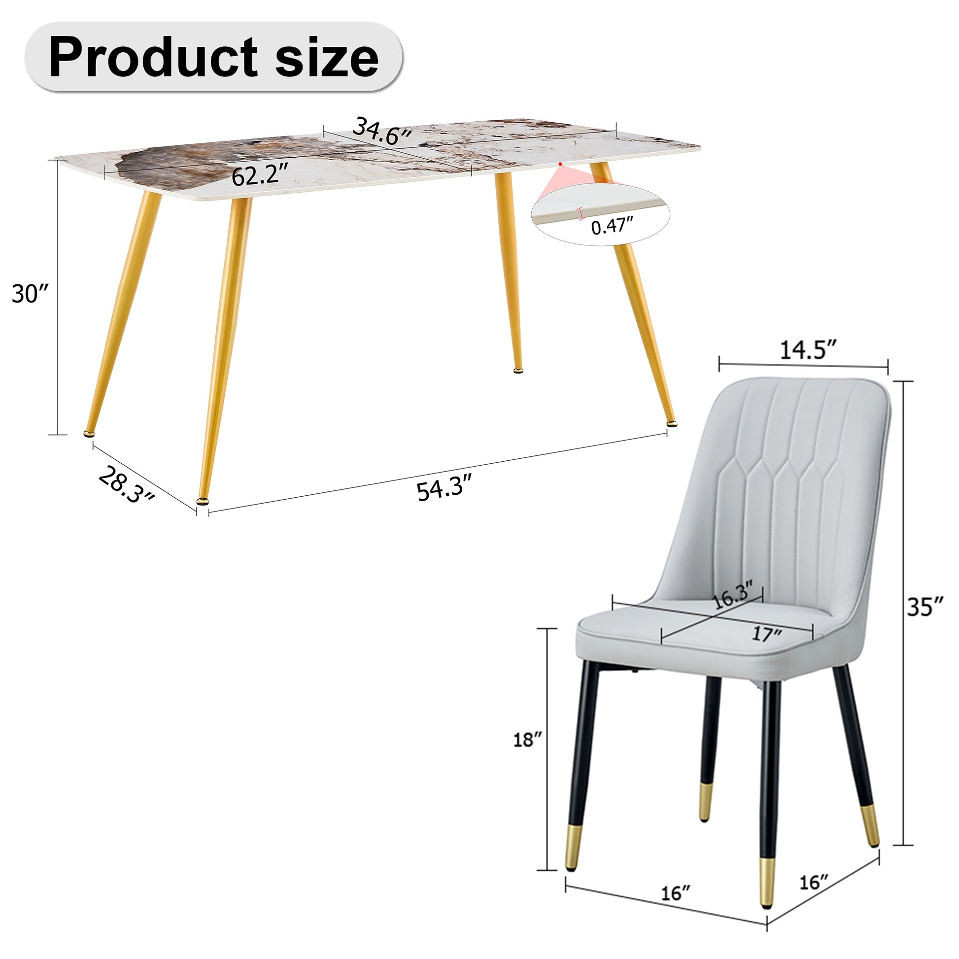 Table And Chair Set.Modern Minimalist Dining Table. White Imitation Marble Pattern Sintered Stone Desktop With Golden Metal Legs.Paried With 6 Comfortable Chairs With Pu Seats And Black Metal Legs.