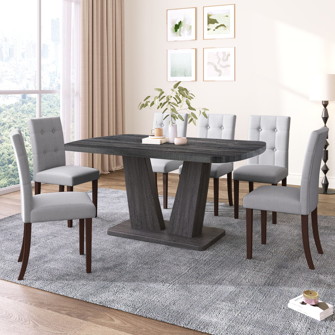 Dining Table Set For 6, 7 Piece Kitchen Table Chairs Set, 1.8" Thickness Tabletop And V Shaped Table Legs, Modern Dining Room Set With 63 Inch Dinner Table And 6 Upholstered Chairs For Dining Room Wood Gray Dining Room Classic,Mid Century Modern,Modern