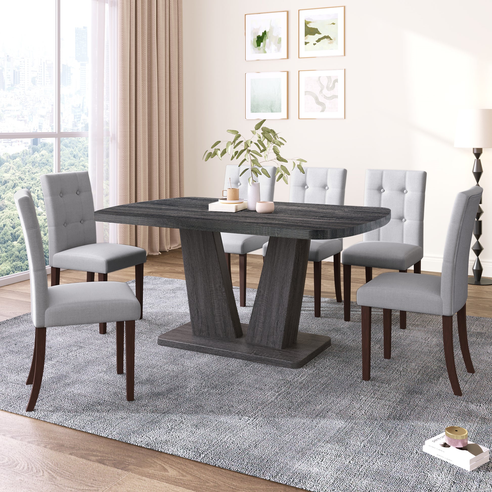 Dining Table Set For 6, 7 Piece Kitchen Table Chairs Set, 1.8" Thickness Tabletop And V Shaped Table Legs, Modern Dining Room Set With 63 Inch Dinner Table And 6 Upholstered Chairs For Dining Room Wood Gray Dining Room Classic,Mid Century Modern,Modern