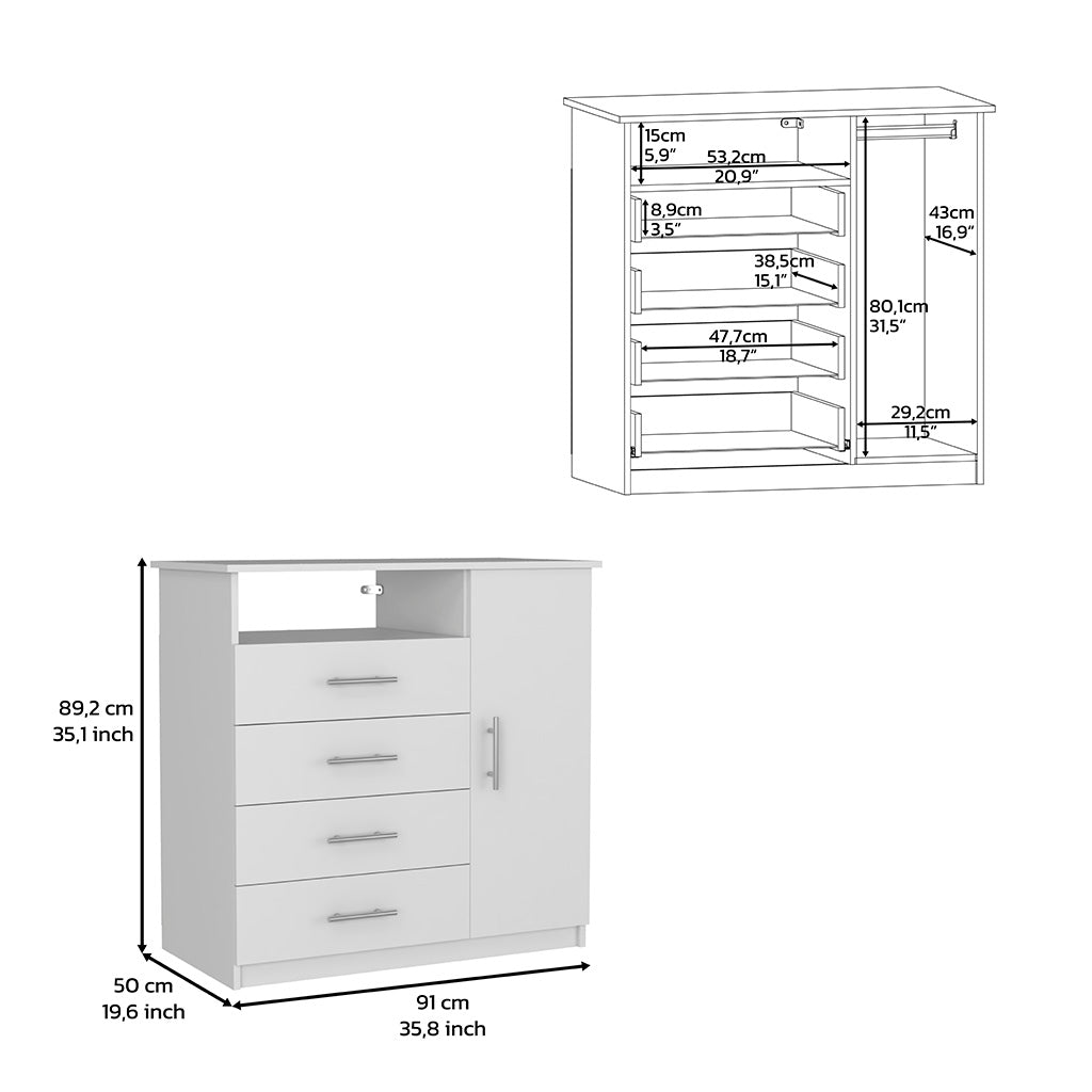 4 Drawer Dresser, One Open Shelf, Superior Top, Single Door Cabinet, White White Solid Wood Mdf Engineered Wood