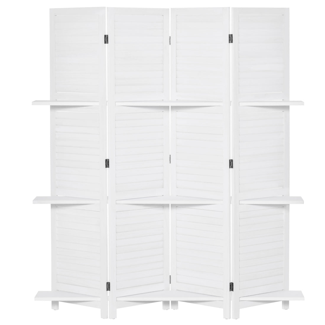 Homcom 4 Panel 67" Tall Wood Privacy Screen Room Divider With 3 Display Shelves, And Folding Storage For Bedroom Or Home Office, White White Wood