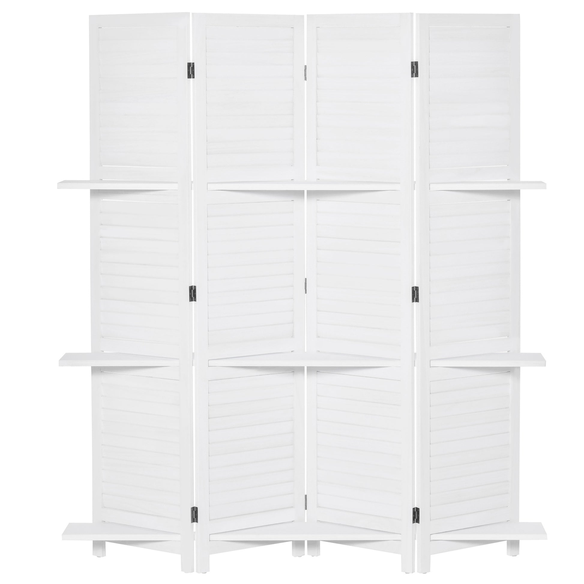 Homcom 4 Panel 67" Tall Wood Privacy Screen Room Divider With 3 Display Shelves, And Folding Storage For Bedroom Or Home Office, White White Wood