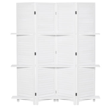 Homcom 4 Panel 67" Tall Wood Privacy Screen Room Divider With 3 Display Shelves, And Folding Storage For Bedroom Or Home Office, White White Wood