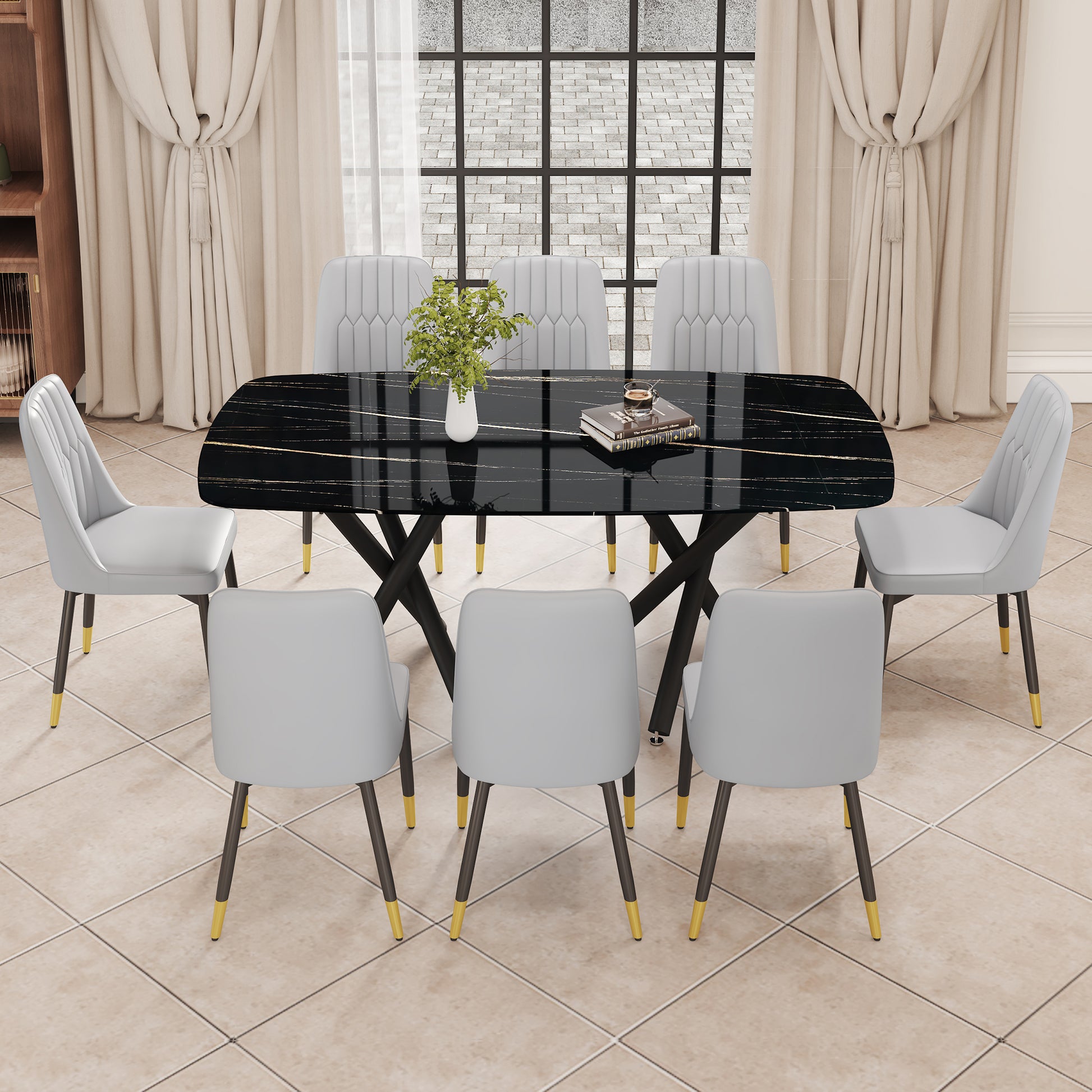 1 Table And 8 Chairs Set.A Rectangular Dining Table With A Imitation Marble Black Table Top And Black Metal Legs.Paired With 8 Chairs With Pu Leather Seat Cushion And Black Metal Legs.F 1538,C 007 Black Glass Metal