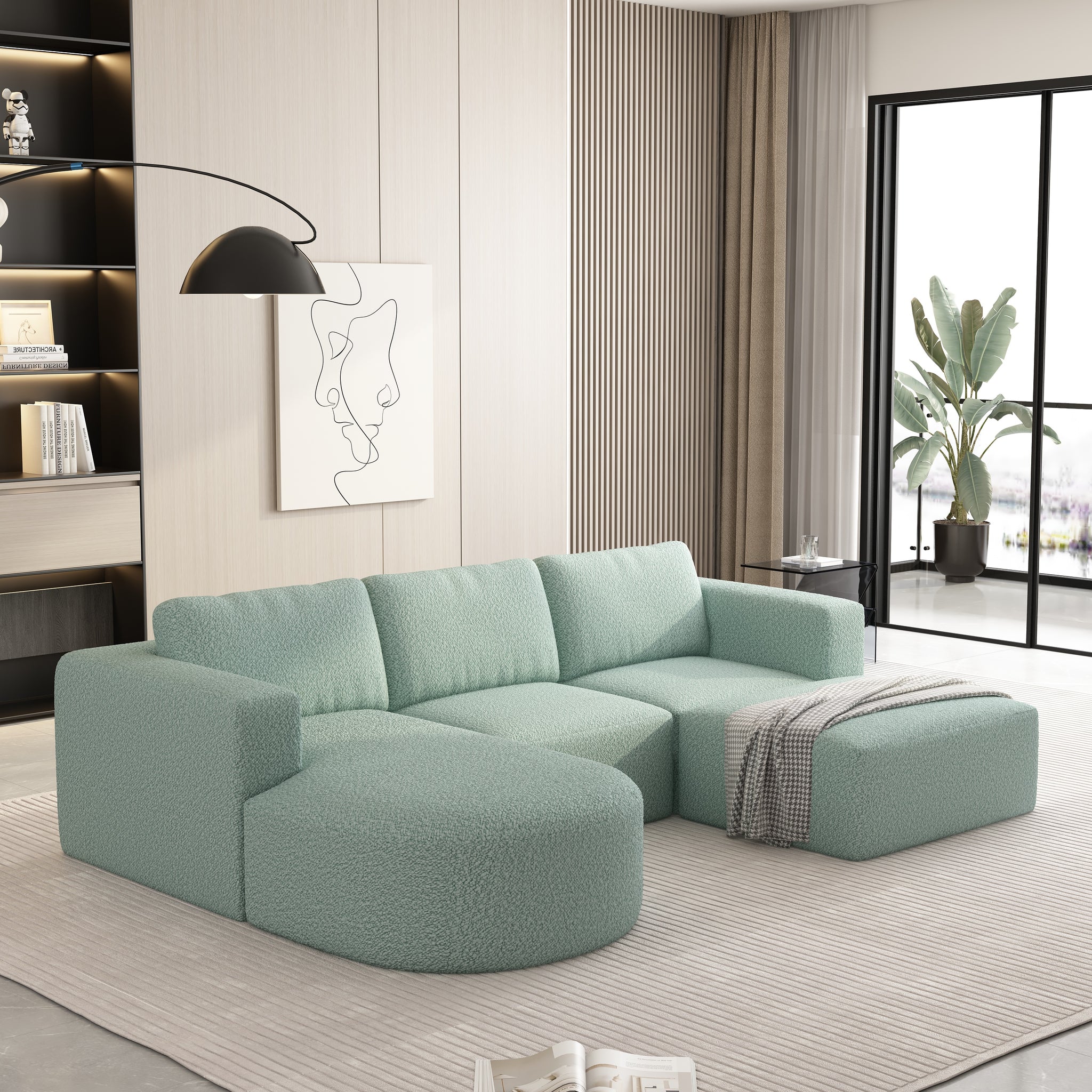 104.32*70.86 Modular Sectional Sofa Sleeper Couch, Sectional Sofa With Chaise And Ottoman, Convertible U Shaped Modular Sofa Set. Compressed Spon, Light Green Combo A B C D Light Green Primary Living Space Soft Minimalist,Modern Foam Spring 5 Seat