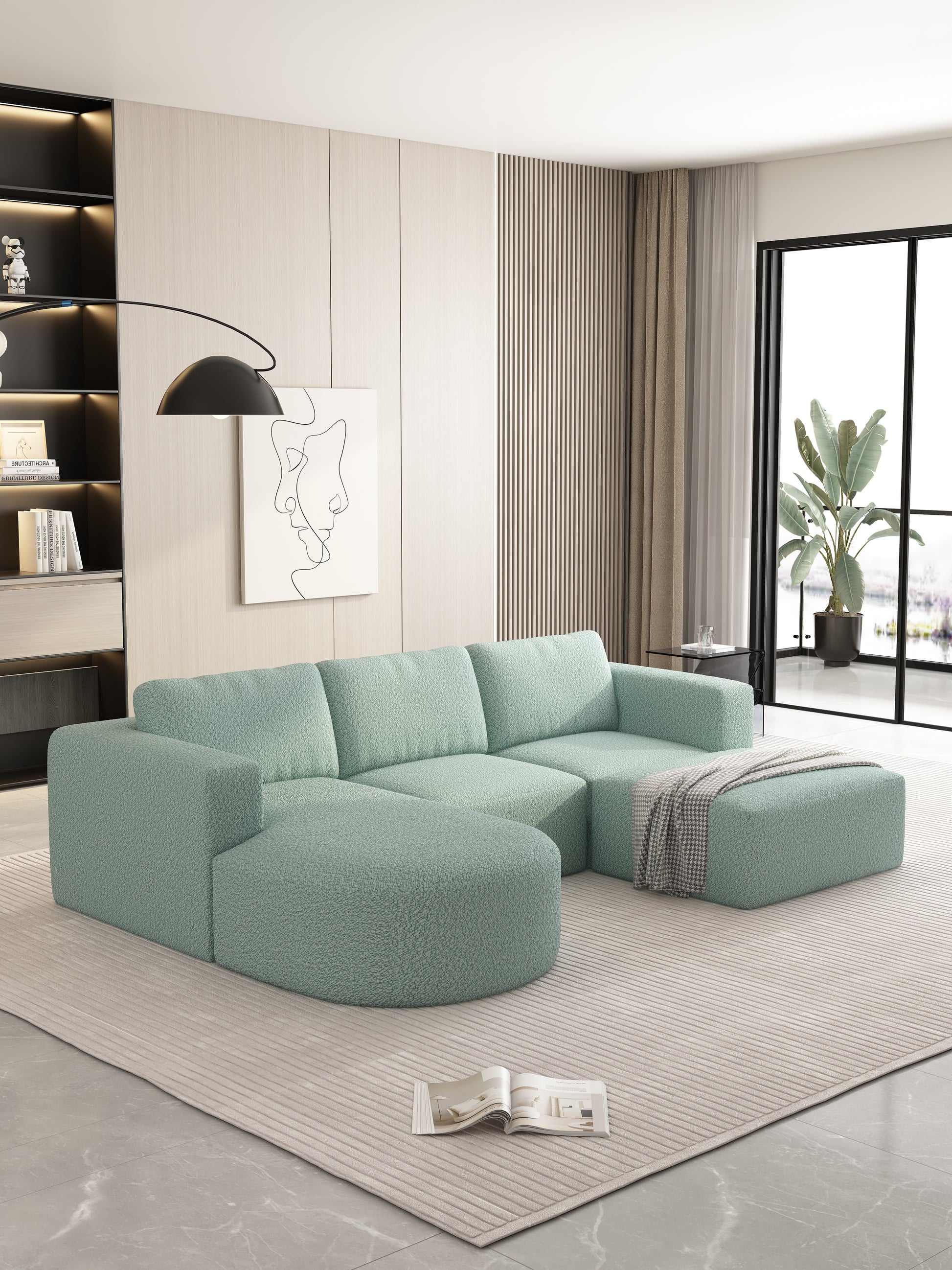 104.32*70.86 Modular Sectional Sofa Sleeper Couch, Sectional Sofa With Chaise And Ottoman, Convertible U Shaped Modular Sofa Set. Compressed Spon, Light Green Combo A B C D Light Green Primary Living Space Soft Minimalist,Modern Foam Spring 5 Seat