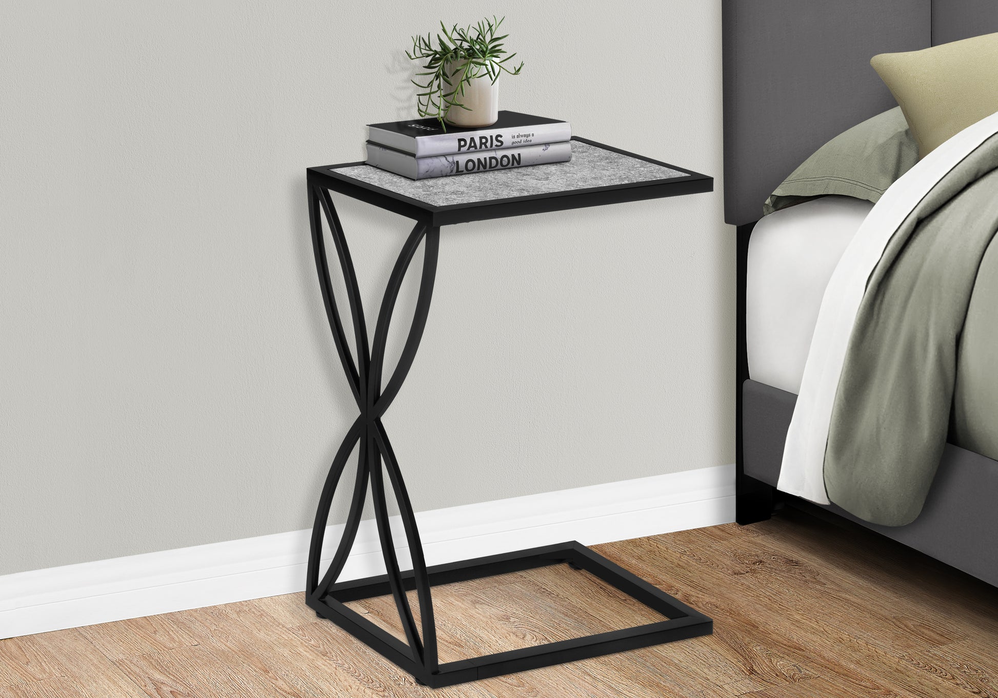 Accent Table, C Shaped, End, Side, Snack, Living Room, Bedroom, Grey Laminate, Black Metal, Contemporary, Modern Grey Metal