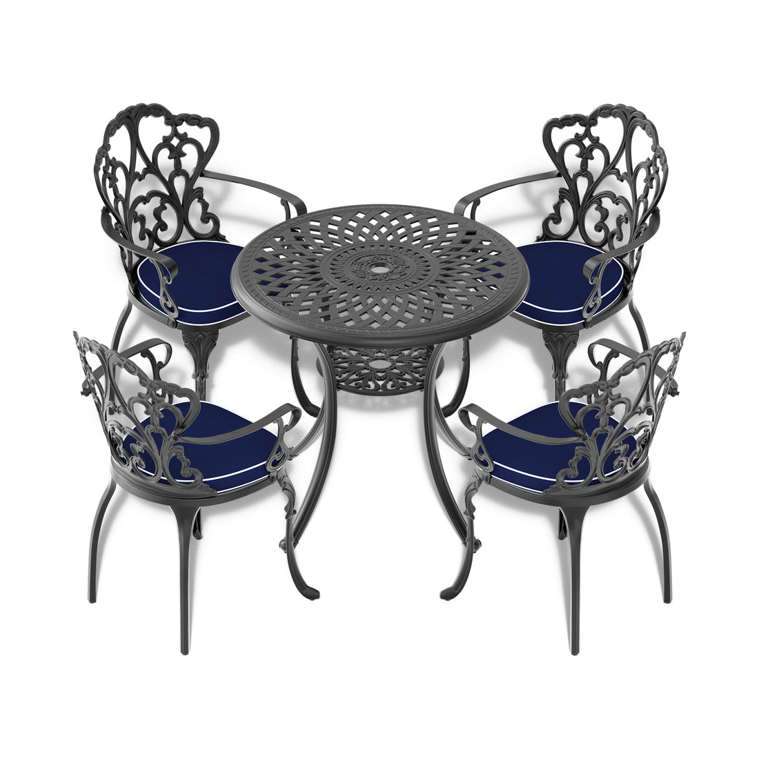 Cushions In Random Colors 5 Piece Set Of Cast Aluminum Patio Furniture With Cushions Yes Dining Set Black Seats 4 Rust Resistant Frame Water Resistant Cushion Garden & Outdoor Complete Patio Sets Aluminium