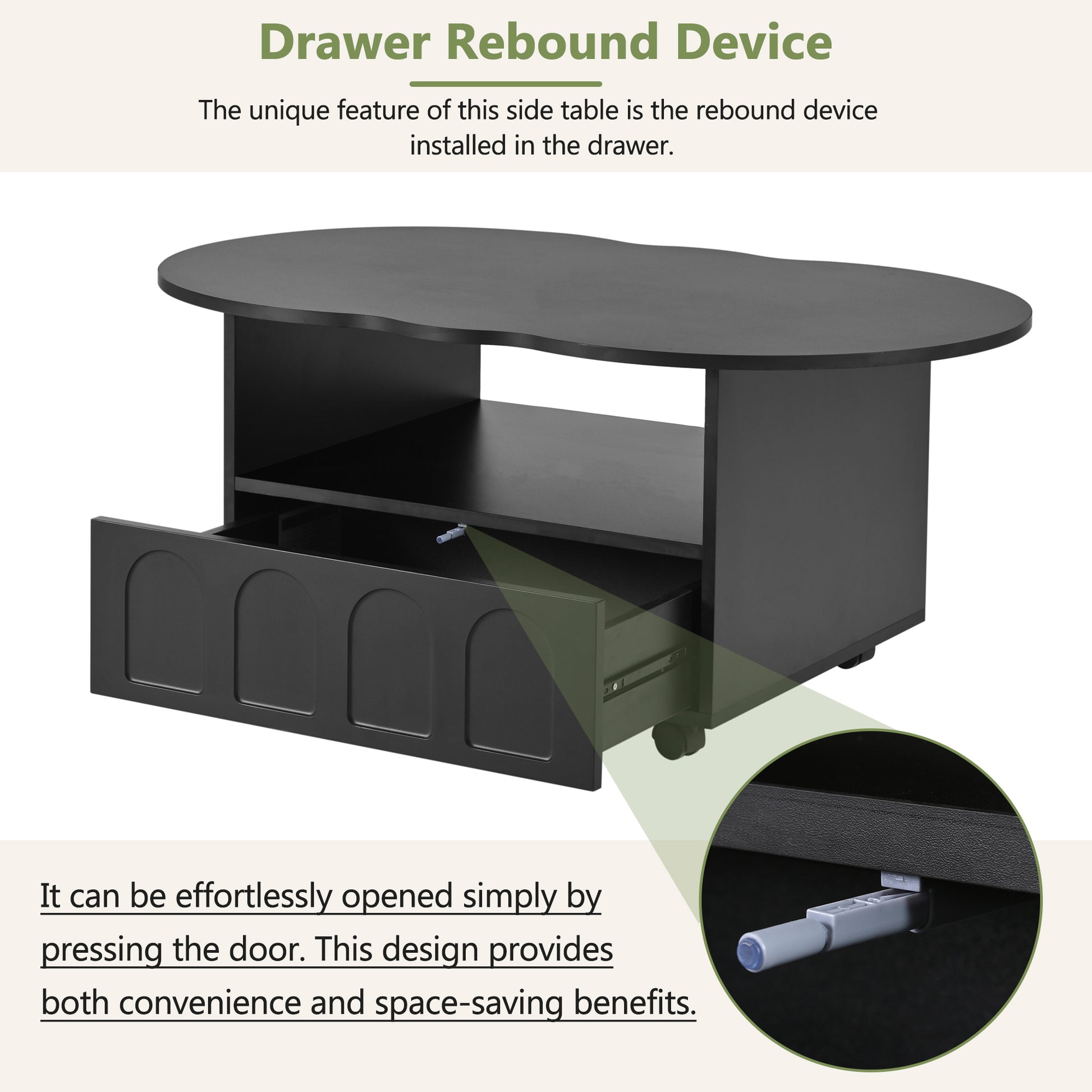 Flexible Cream Style Coffee Table With 2 Brake Wheels, Cloud Top Side Table With Drawer, Irregular Center Table With Large Storage For Living Room, Black, 39.37''X 23.6'' Black Particle Board