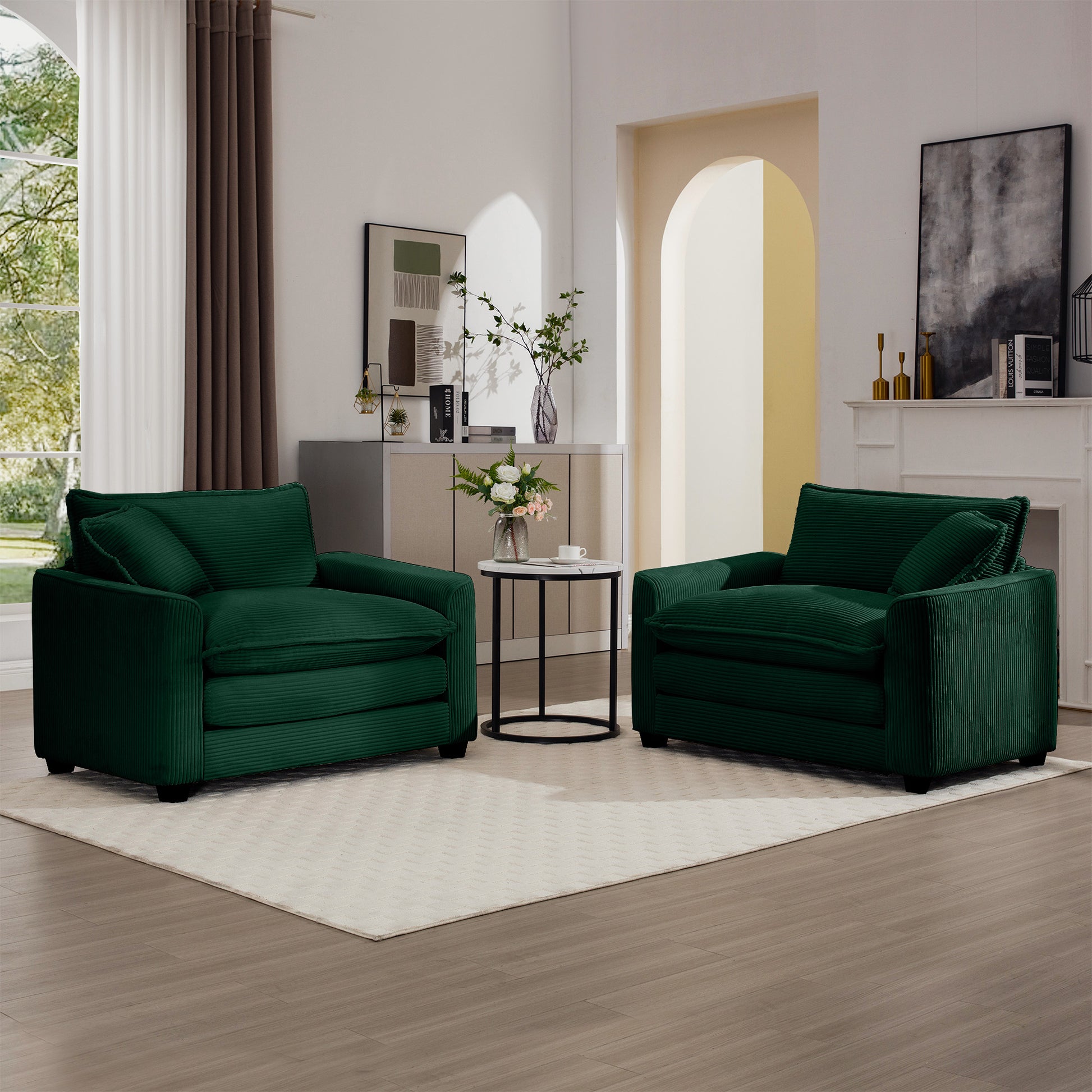 Luxurious And Sophisticated Deep Seated Sofa Set With Two Single Chairs In Green Corduroy Fabric, Suitable For Bedroom And Office Green Corduroy 2 Seat