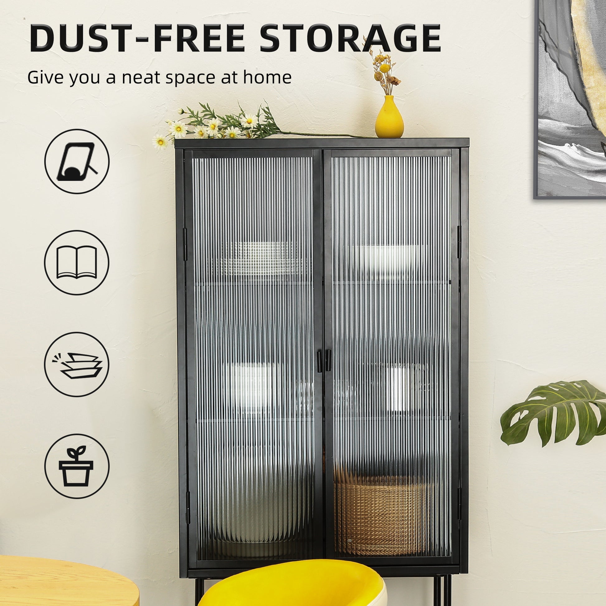 Retro Style Fluted Glass High Cabinet Storage Dual Doors Three Detachable Wide Shelves Enclosed Dust Free Storage For Living Room Bathroom Dining Room Kitchen Room Entryway,Black Old Sku:W68743734 Black Wood