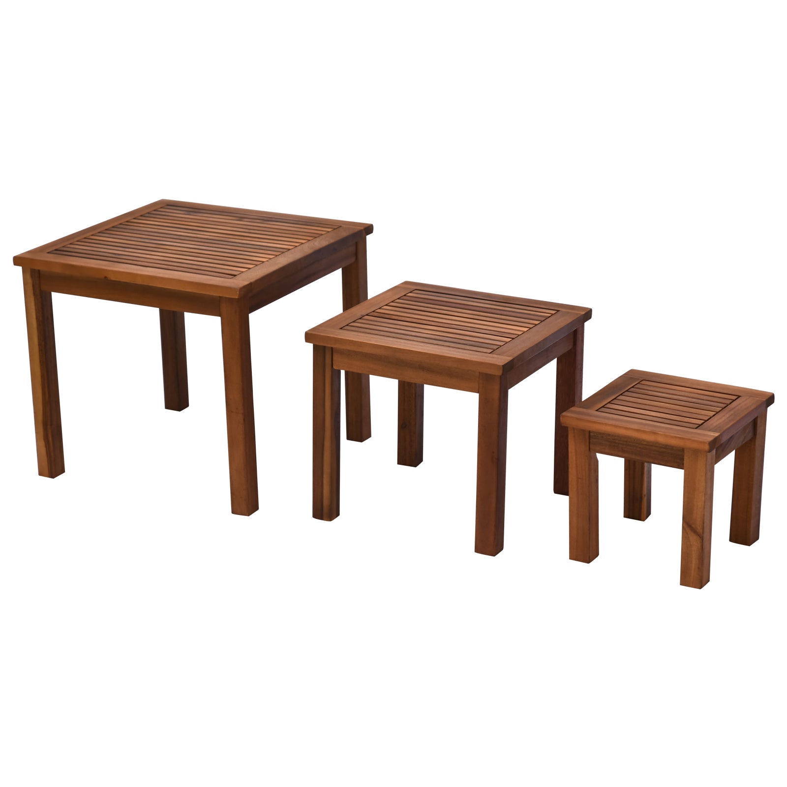 Outsunny 3 Piece Outdoor Side Nesting Table Patio Set With Acacia Wood Build & Multi Functional Design Teak Metal