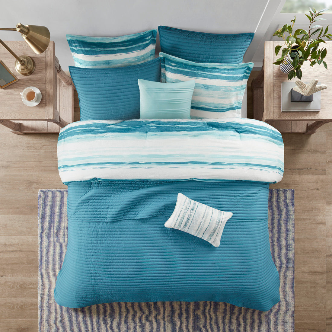 8 Piece Printed Seersucker Comforter And Quilt Set Collection Aqua King Cal King King Aqua Polyester