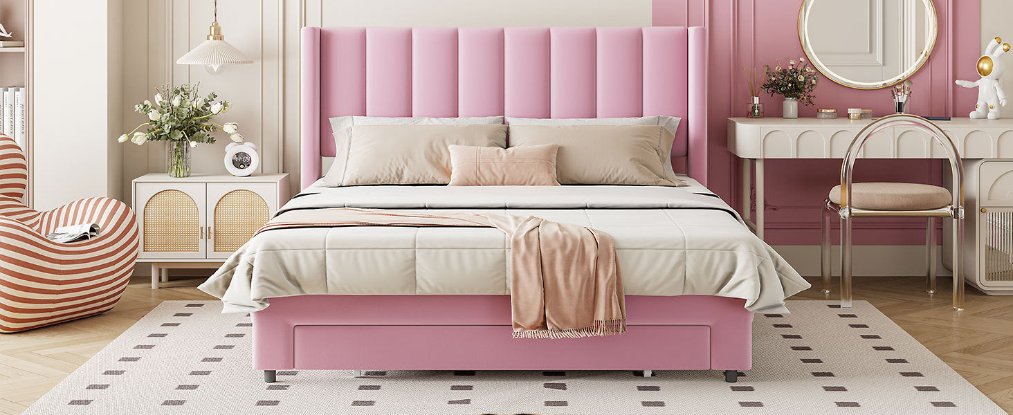 Full Size Storage Bed Velvet Upholstered Platform Bed With A Big Drawer Pink Old Sku:Wf296850Aah Full Pink Velvet