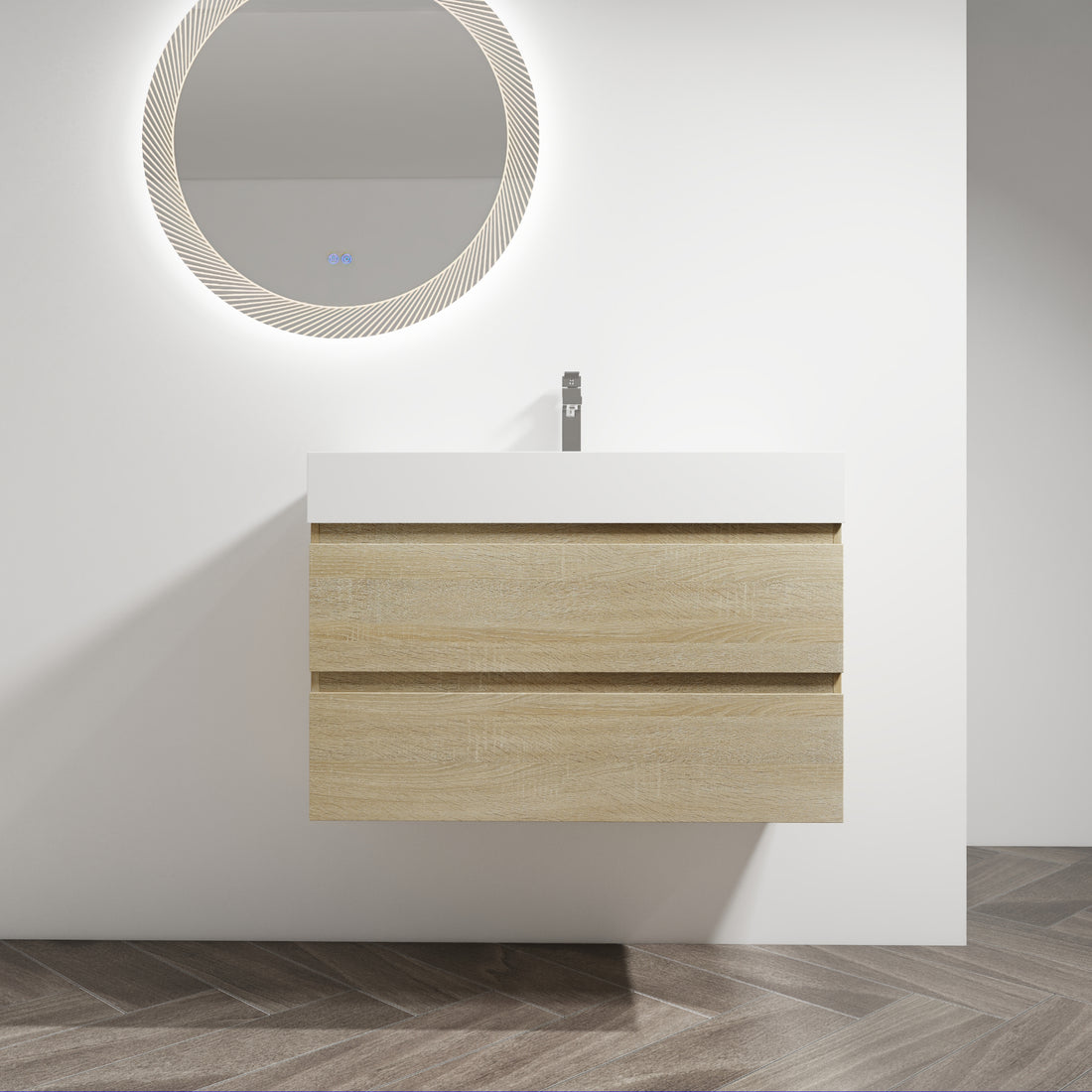 36" Wall Mounted Bathroom Vanity With Resin Sink, 2 Soft Close Drawers, Kd Package 2 Light Oak Bathroom Wall Mounted Modern Plywood