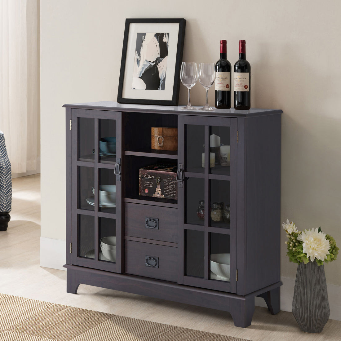 Espresso 2 Door Server With 2 Drawers Espresso Dining Room Contemporary Adjustabel Shelves Wood Glass