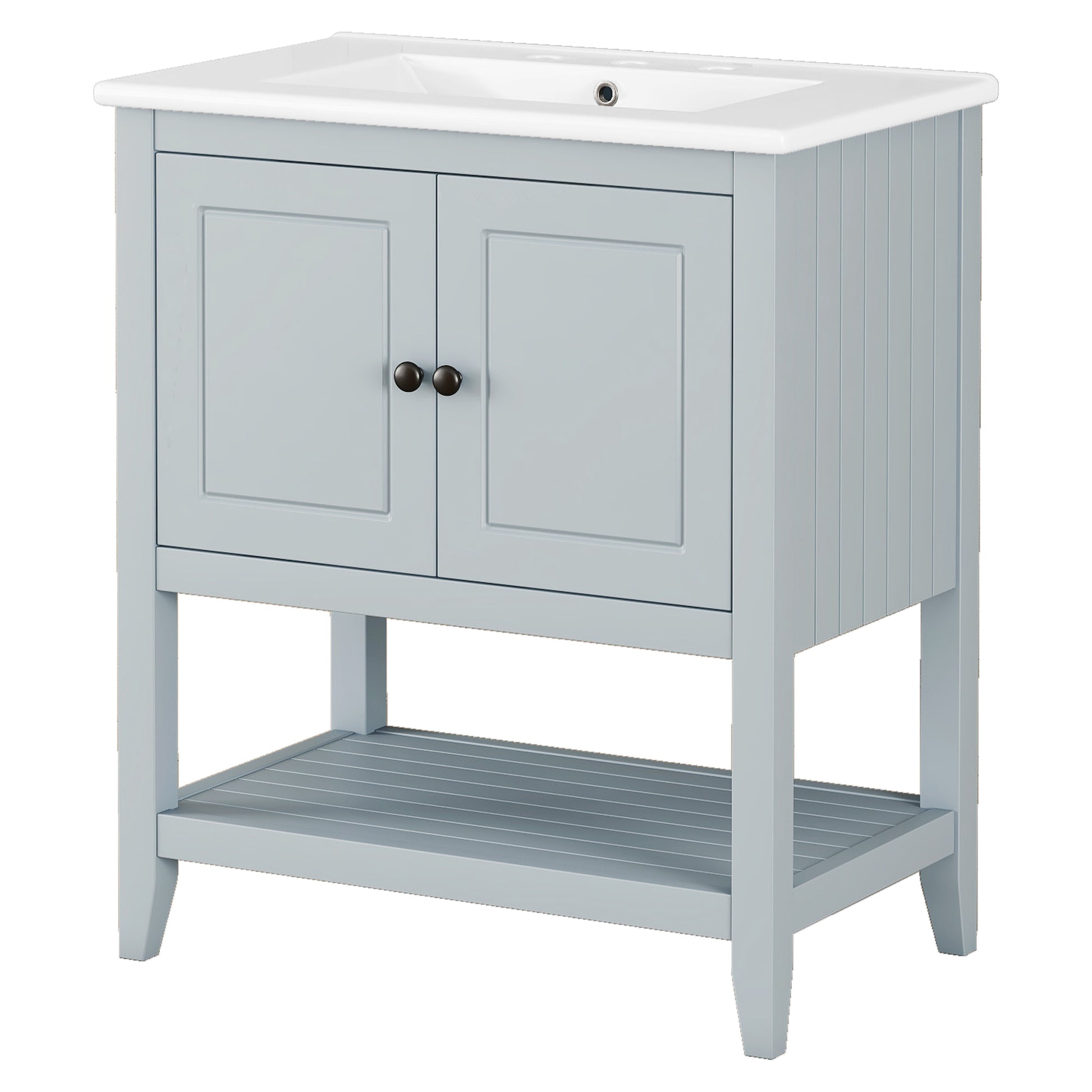 30" Gray Modern Sleek Bathroom Vanity Elegant Ceramic Sink With Solid Wood Frame Open Style Shelf & Door Shelf Design Gray Solid Wood