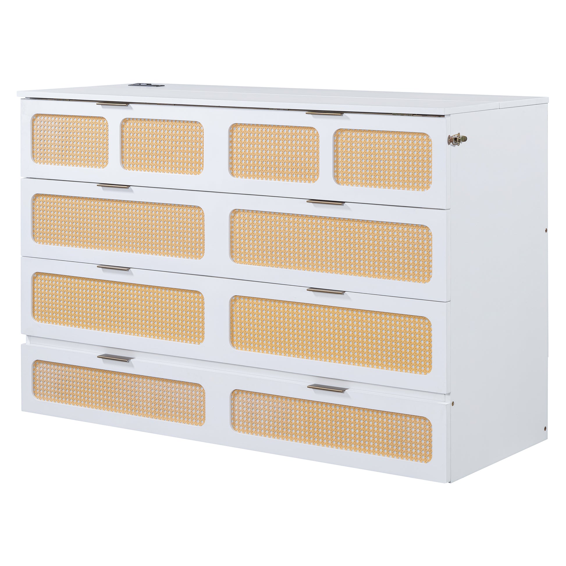 Queen Murphy Bed With Large Drawers,White Queen White Plywood