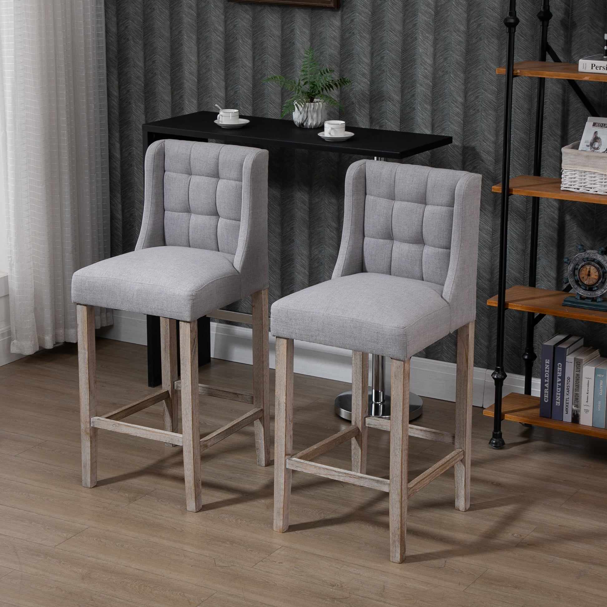 Homcom Modern Bar Stools, Tufted Upholstered Barstools, Pub Chairs With Back, Rubber Wood Legs For Kitchen, Dinning Room, Set Of 2, Grey Grey Rubber Wood