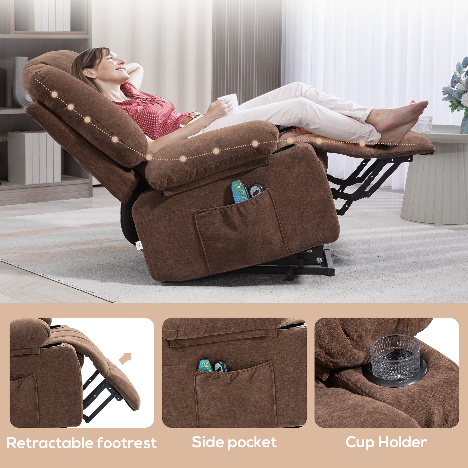 Homcom Power Lift Recliner Chair Sofa With Vibration Massage And Heat, Fabric Lift Chair For Elderly, Massage Recliner Chair With Remote Control, Side Pockets, Quick Assembly, Brown Brown Polyester