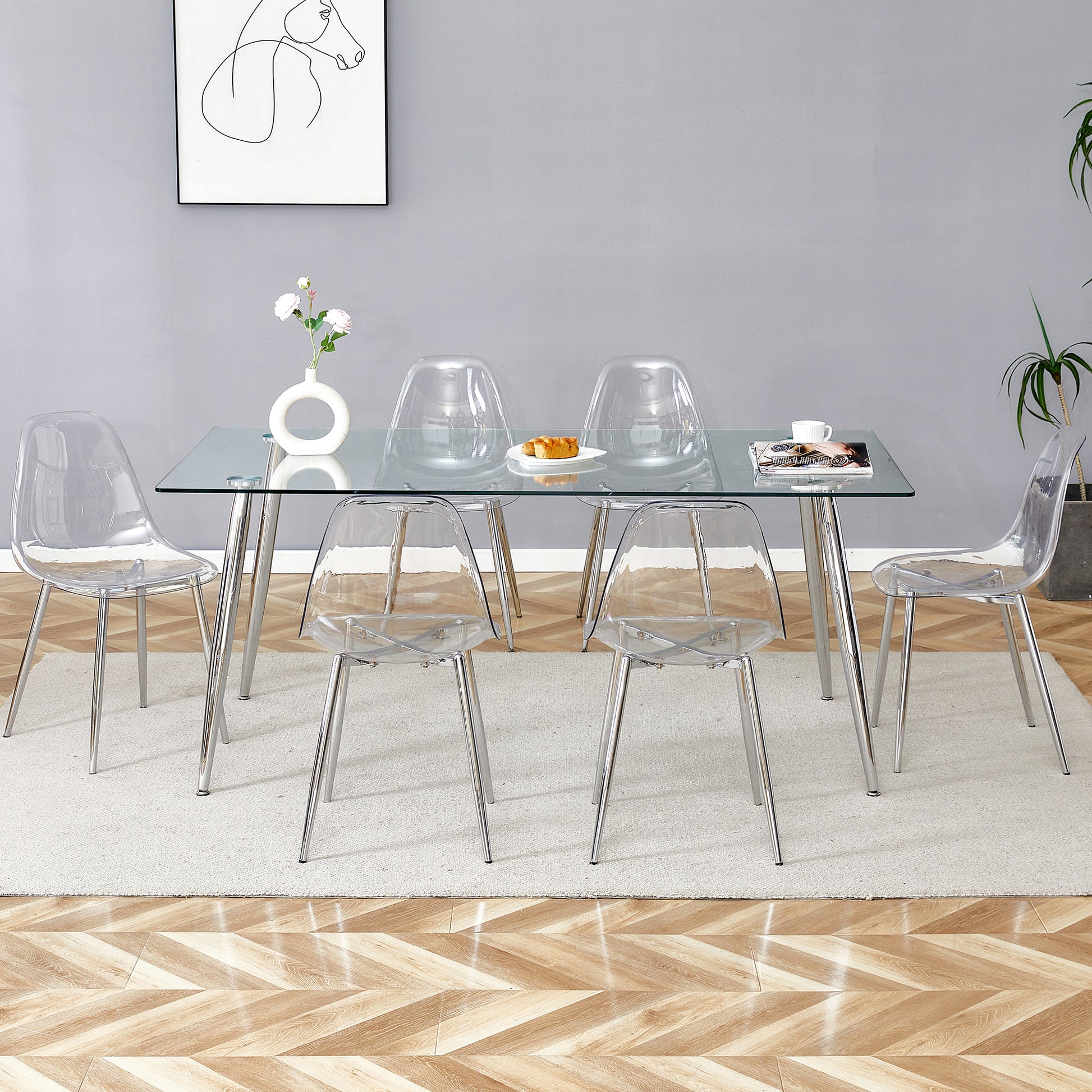 Table And Chair Set.Modern Rectangular Glass Dining Table With Tempered Glass Countertop And Silver Metal Legs, Paired With Multiple Transparent High Quality Pet Dining Chairs With Silver Legs. Silver Seats 6 Tempered Glass