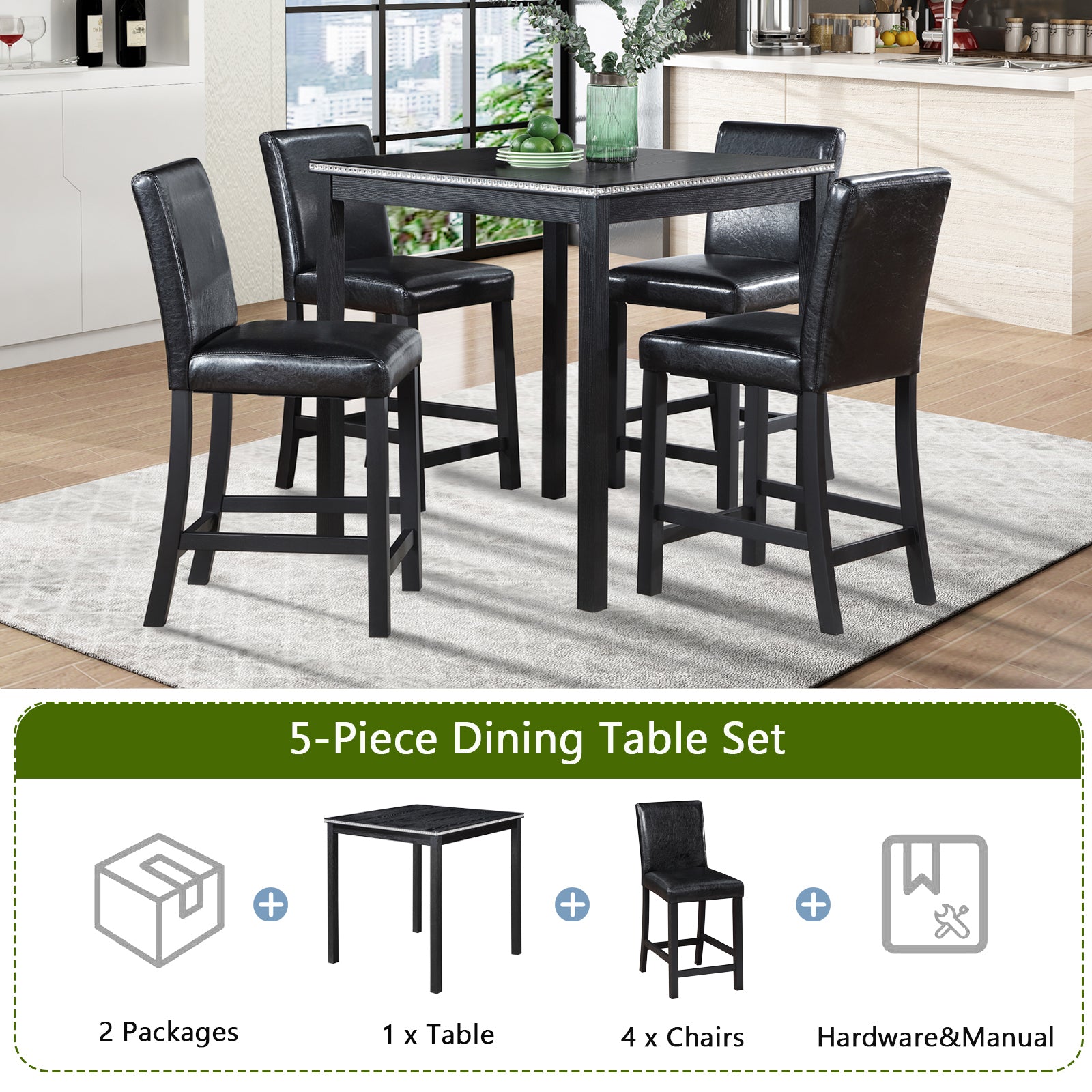 5 Piece Counter Height Table Set, Wooden Kitchen Table Set With Square Table And 4 Upholstered Chairs, Counter Height Dining Table With Crystal Decoration And Chair Set For Kitchen, Dining Room,Black Black Seats 4 Dining Room 4 Leg Square Dining Table