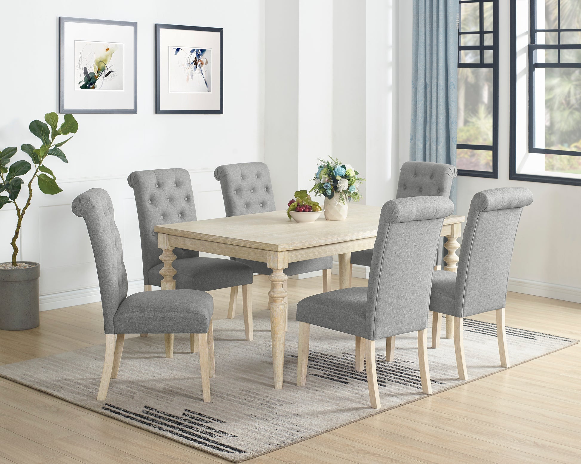 Amonia 7 Piece Dining Set, Turned Leg Dining Table With 6 Tufted Chairs Light Brown Wood Dining Room Fixed Table Rubberwood Rectangular Dining Table With Chair Wood Wood Beige Brown Seats 6 Rectangular 4 Leg Mdf