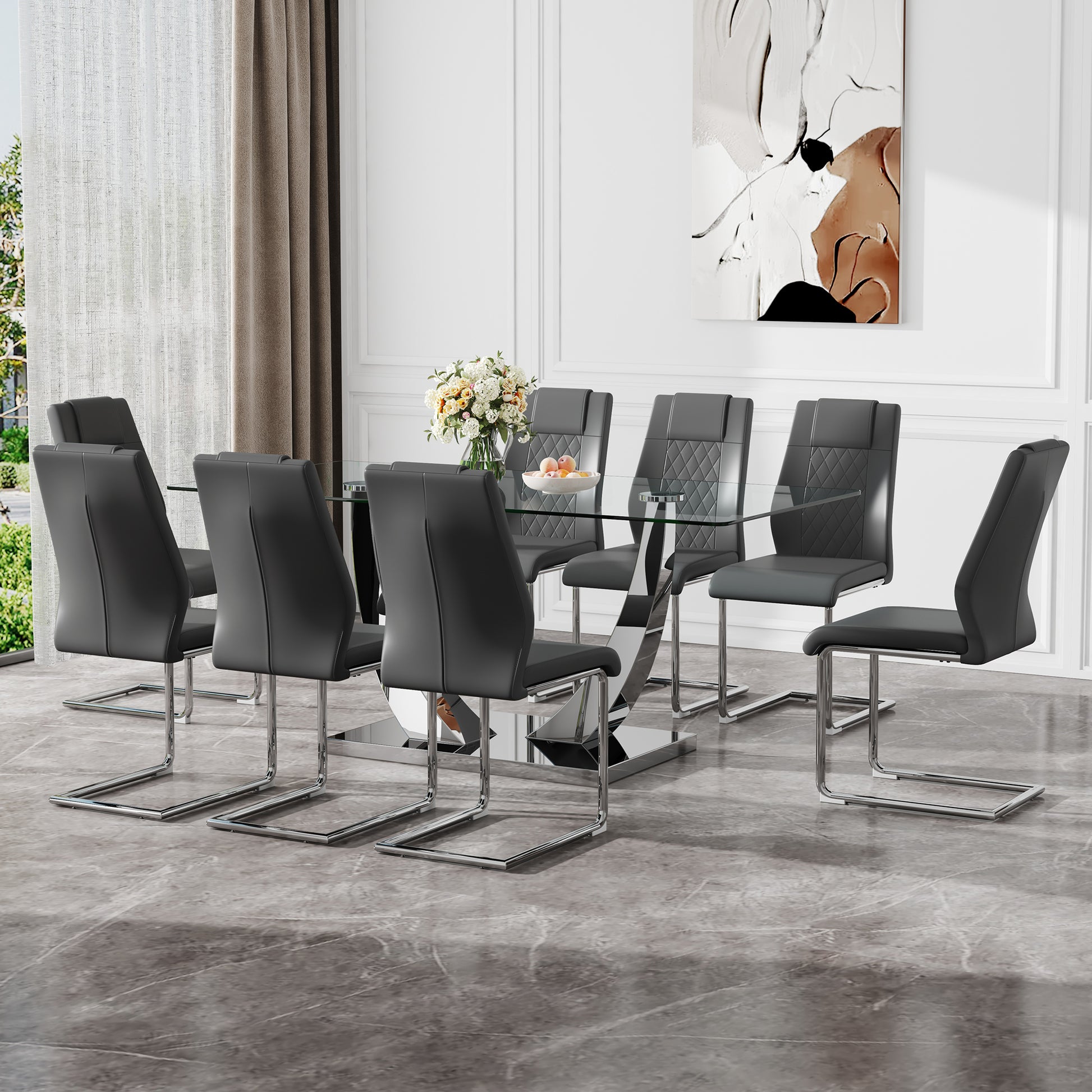 Table And Chair Set.Contemporary, Minimalist Rectangular Dining Table Featuring A Clear Tempered Glass Top And Sleek Silver Legs. Paried With Chairs Made Of Pu Material Cushion And Silver Metal Legs. Gray Seats 8 Glass Metal