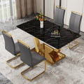 Table And Chair Set.Modern Rectangular Dining Table With Black Textured Stickers Glass Tabletop And Gold Plated Metal Legs.Paried With 4 Comfortable Chairs With Pu Seats And Golden Metal Legs. Dark