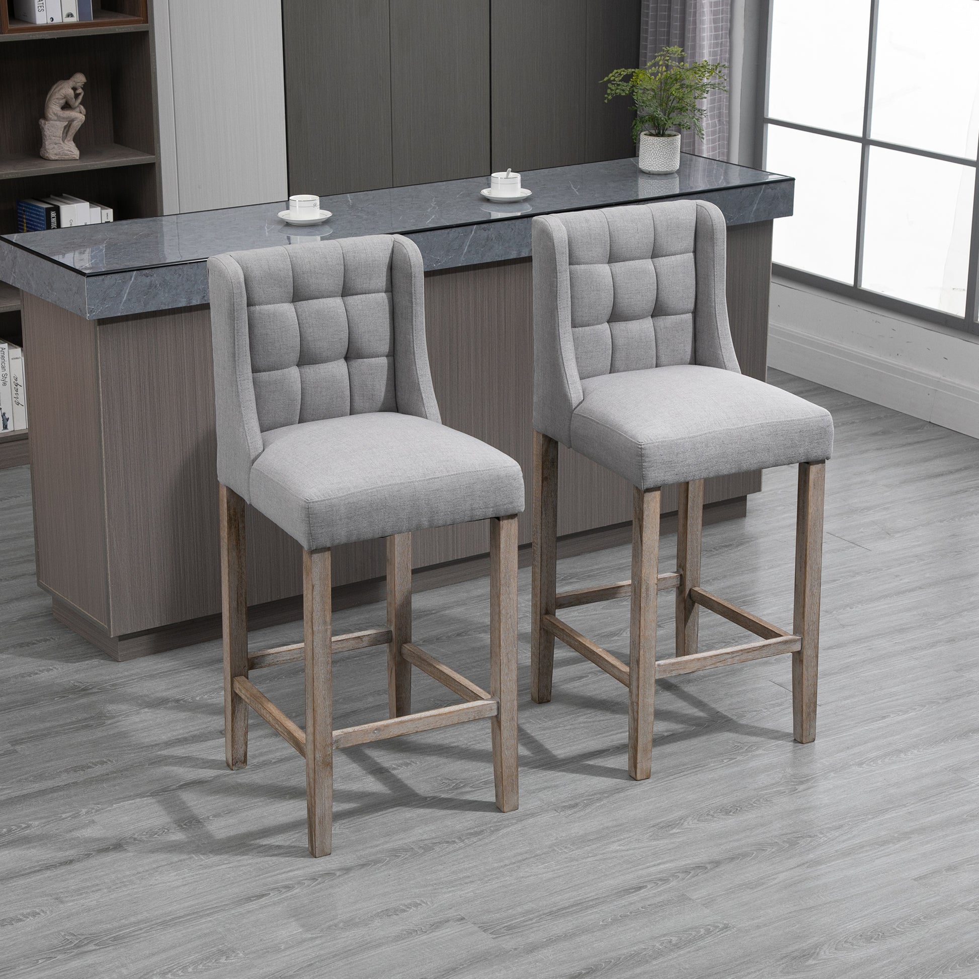 Homcom Modern Bar Stools, Tufted Upholstered Barstools, Pub Chairs With Back, Rubber Wood Legs For Kitchen, Dinning Room, Set Of 2, Grey Grey Rubber Wood