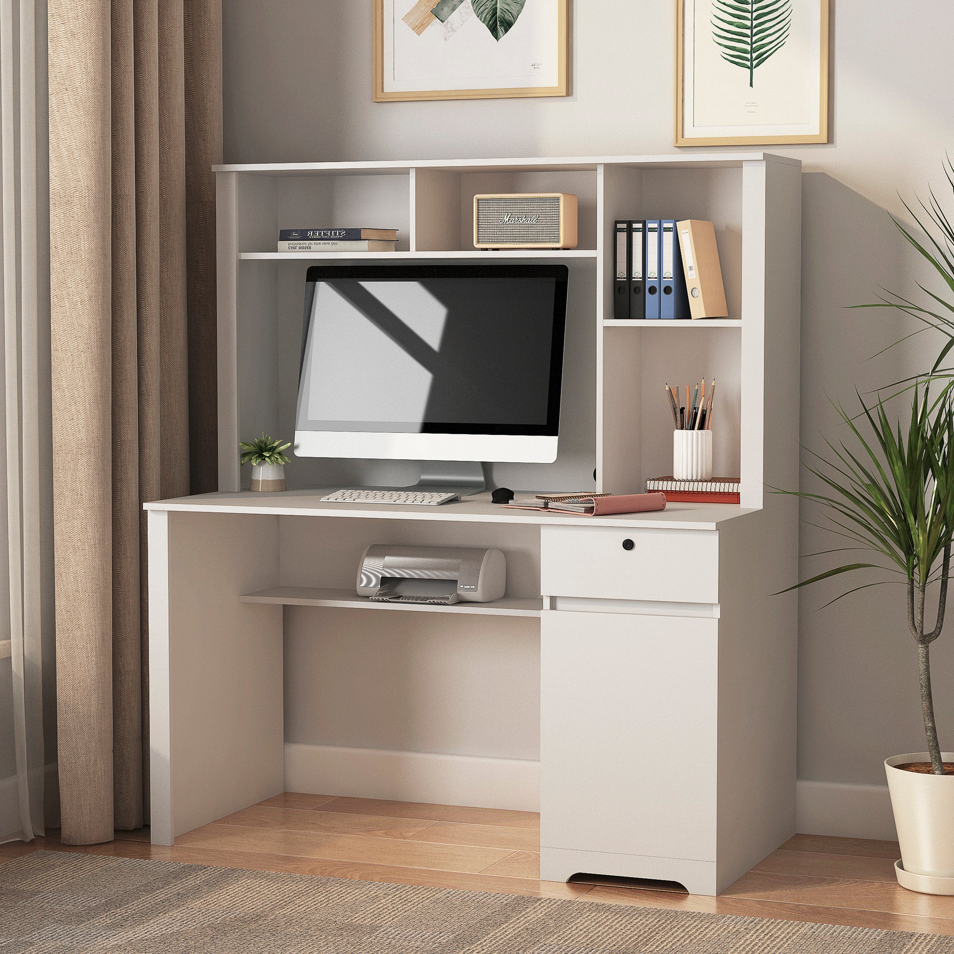 Computer Desk With Hutch & Bookshelf,Wood Executive Desk Teens Student Desk Writing Laptop Home Office Desk With Drawers,3 Ac Outlets And 2 Usb Charging Ports,Study Laptop Table For Home White Mdf