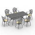 Cushions In Random Colors 7 Piece Set Of Cast Aluminum Patio Furniture With Cushions Yes Dining Set Black Seats 6 Rust Resistant Frame Water Resistant Cushion Dining Room Complete Patio Sets Aluminium