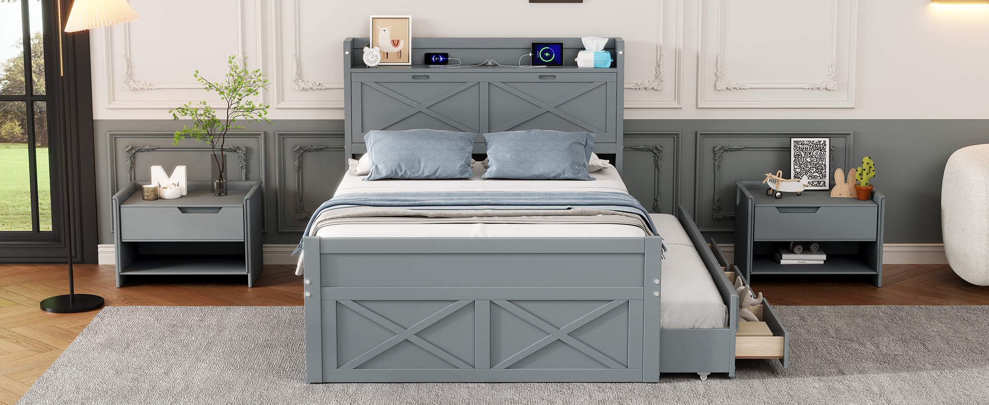 Full Size Wooden Bed With Storage Headboard With Outlets, Extendable Bed With Twin Size Trundle With Three Storage Drawers,Gray Full Gray Wood
