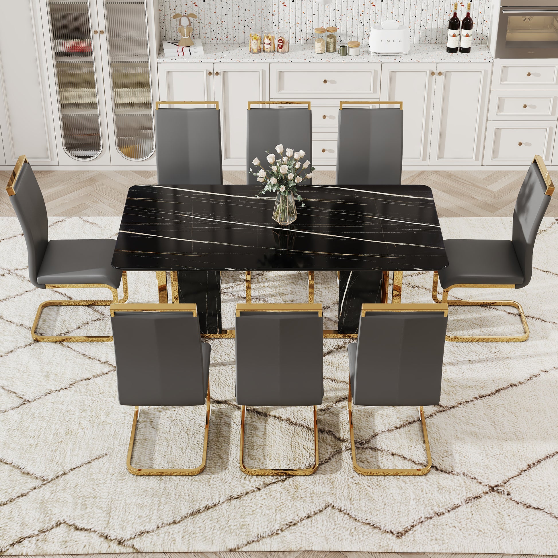 Table And Chair Set. Modern Dining Table With Mdf Top And Beautiful Mdf Legs. Equipped With Comfortable Pu Chairs And Metal Legs. Suitable For A Wide Range Of Decorative Styles. Black,Gray Seats 8 Mdf