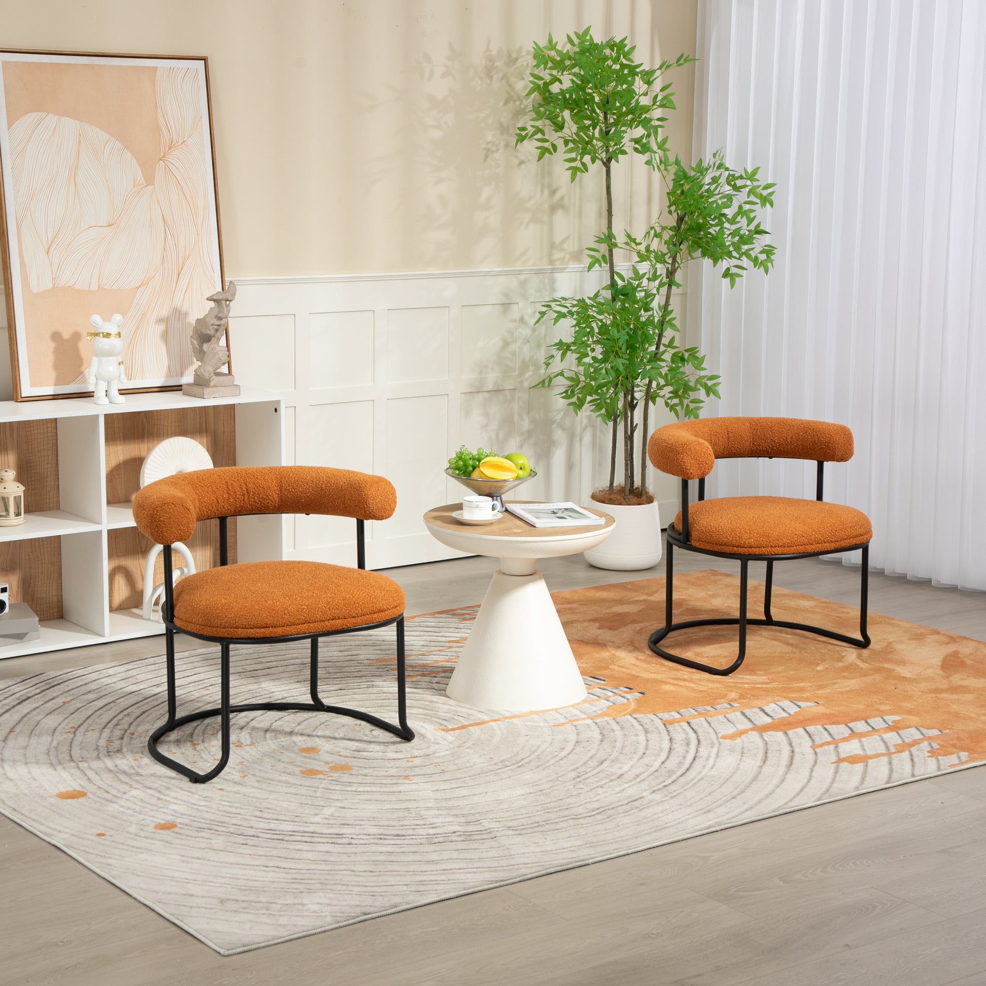 Coolmore Boucle Dining Chairs Set Of 2, Mid Century Modern Curved Backrest Chair, Round Upholstered Kitchen Chairs Orange Boucle Orange Foam Mdf Metal