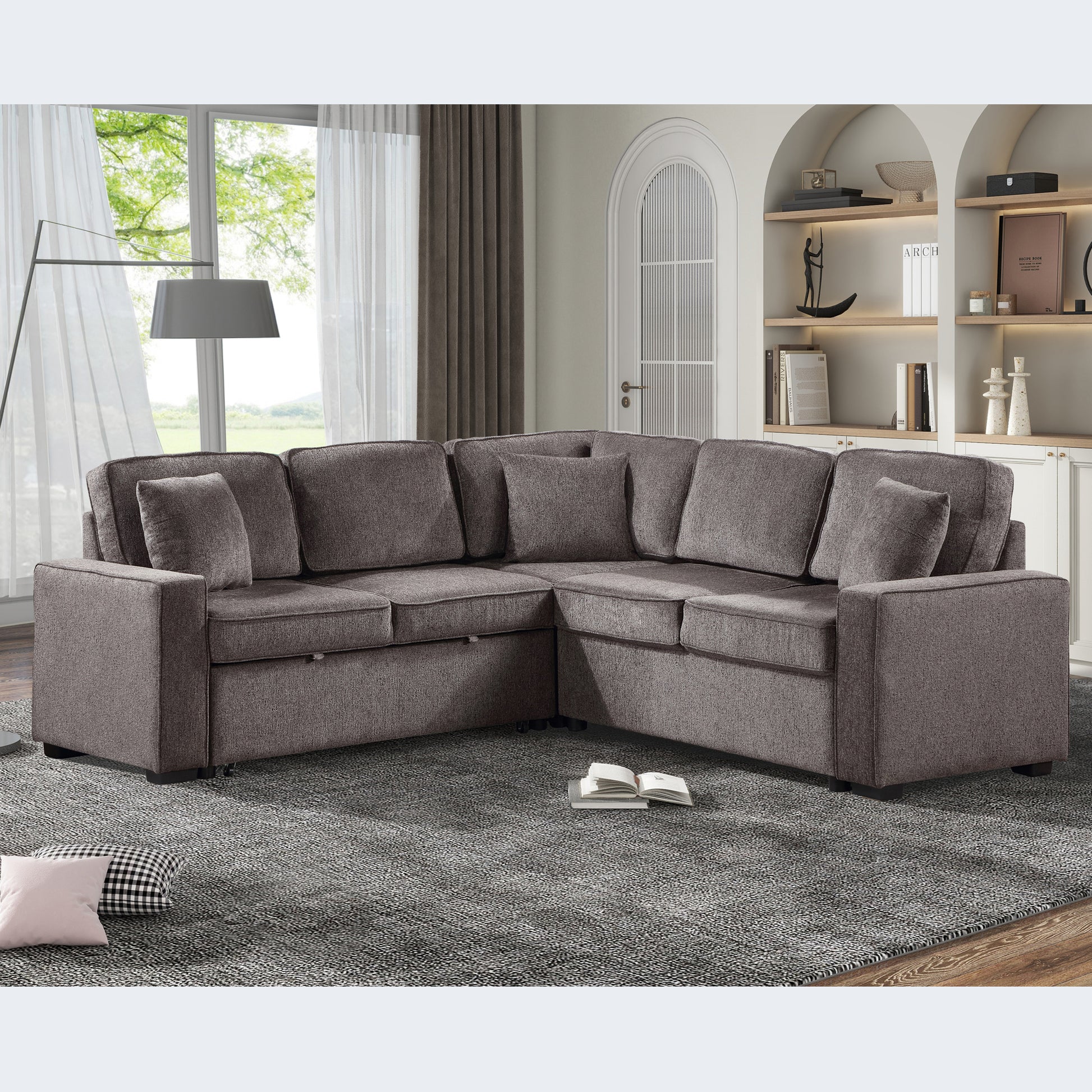 Modular Sofa, Sectional Couch L Shaped Sofa Couch With Pullout Sleeper, 5 Seat Chenille Corner Sofa For Living Room, 3 Pillows Included, Light Brown Light Brown Chenille Foam Plywood 5 Seat