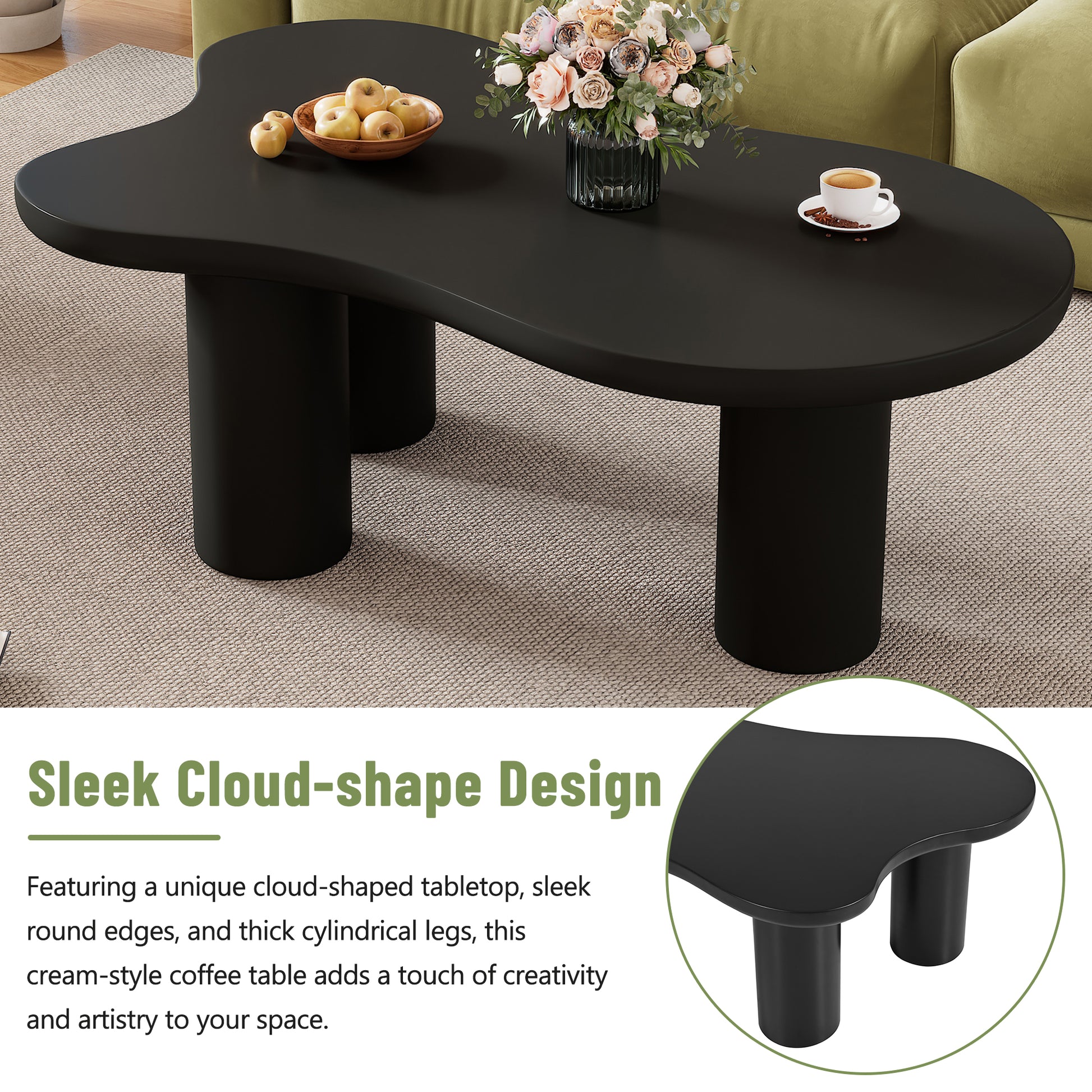 44'' X 25.9'' Easy Assembly Cloud Coffee Table With 1.5'' Thick Tabletop, Cream Style Irregular End Table With 3 Sturdy Legs, Sleek Center Table With Round Edge For Living Room, Black Black Mdf