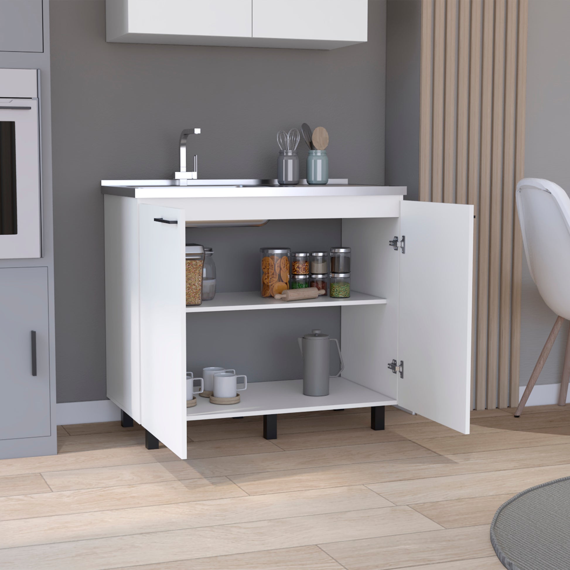 2 Freestanding Utility Base Cabinet With Stainless Steel Countertop And 2 Door, White White Solid Wood Mdf Engineered Wood