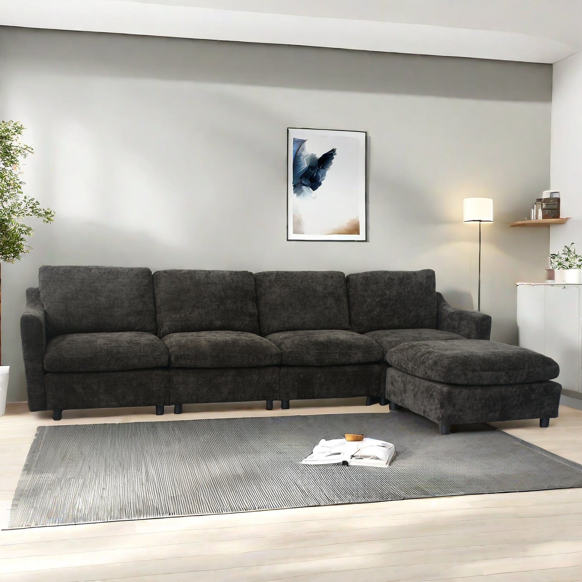 Modern Oversized Deep Seat Sectional Sofa With Reversible Chaise, Loop Yarn Fabric Five Seat Armless Indoor Furniture, Convertible Black L Shaped Couch For Living Room, Apartment, Two Colors Black