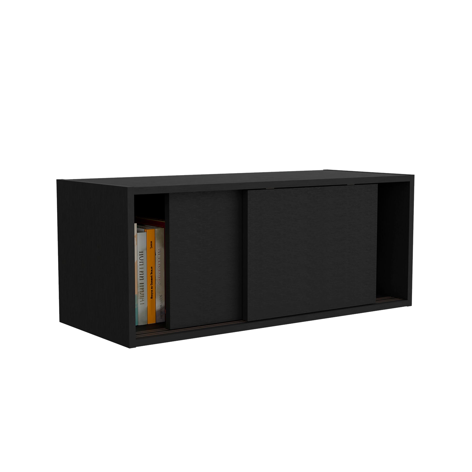 Note 32"W X 13" H Wall Cabinet With Sliding Doorswall Shelf, Storage Cabinet, Bedroom, Office, Living Room, Garage Black Office Wall Mounted Modern Particle Board