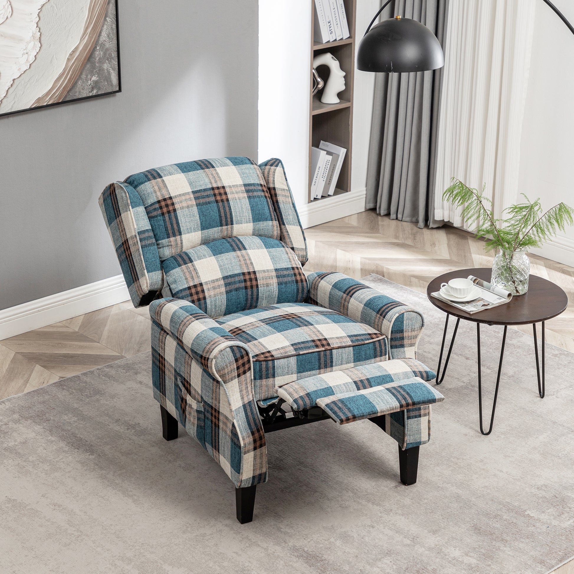 Vintage Armchair Sofa Comfortable Upholstered Leisure Chair Recliner Chair For Living Room Blue Check Blue Fabric 1 Seat